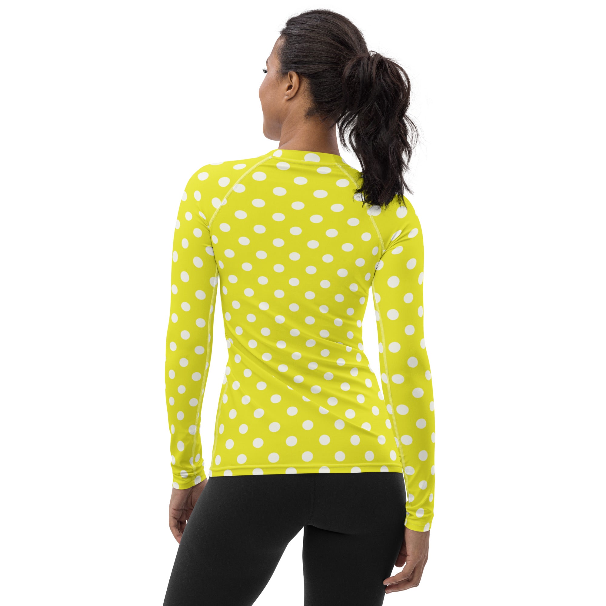 Women's Yellow Polka Dot Long Sleeve Rash Guard Swim Shirt – Buttery Soft, Sun Safe UPF 50+ Protection, Quick Dry & 4-Way Stretch Comfort