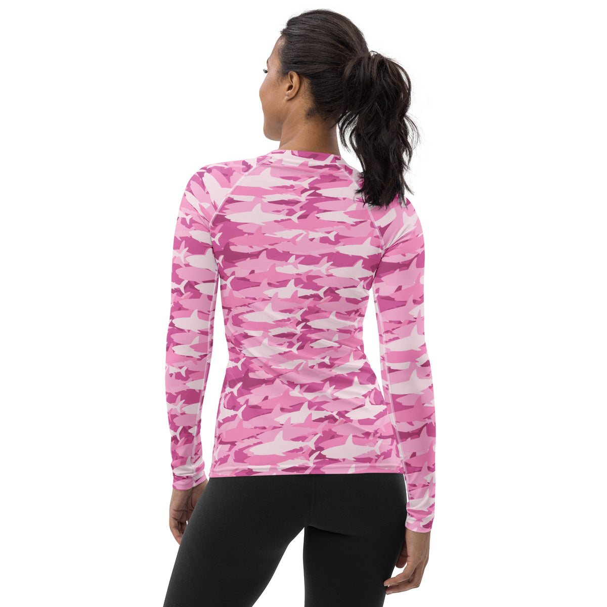 Women's Pink Shark Camouflage Long Sleeve Rash Guard Swim Shirt – Buttery Soft, Sun Safe UPF 50+ Protection, Quick Dry & 4-Way Stretch Comfort