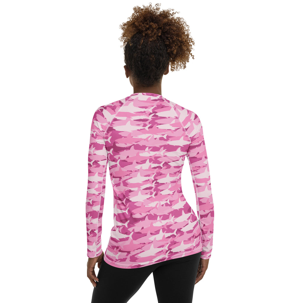 Women's Pink Shark Camouflage Long Sleeve Rash Guard Swim Shirt – Buttery Soft, Sun Safe UPF 50+ Protection, Quick Dry & 4-Way Stretch Comfort