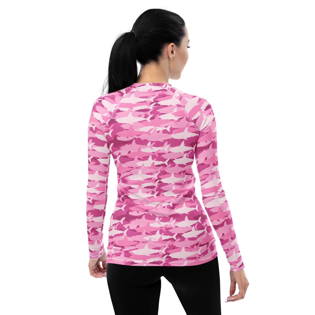 Women's Pink Shark Camouflage Long Sleeve Rash Guard Swim Shirt – Buttery Soft, Sun Safe UPF 50+ Protection, Quick Dry & 4-Way Stretch Comfort