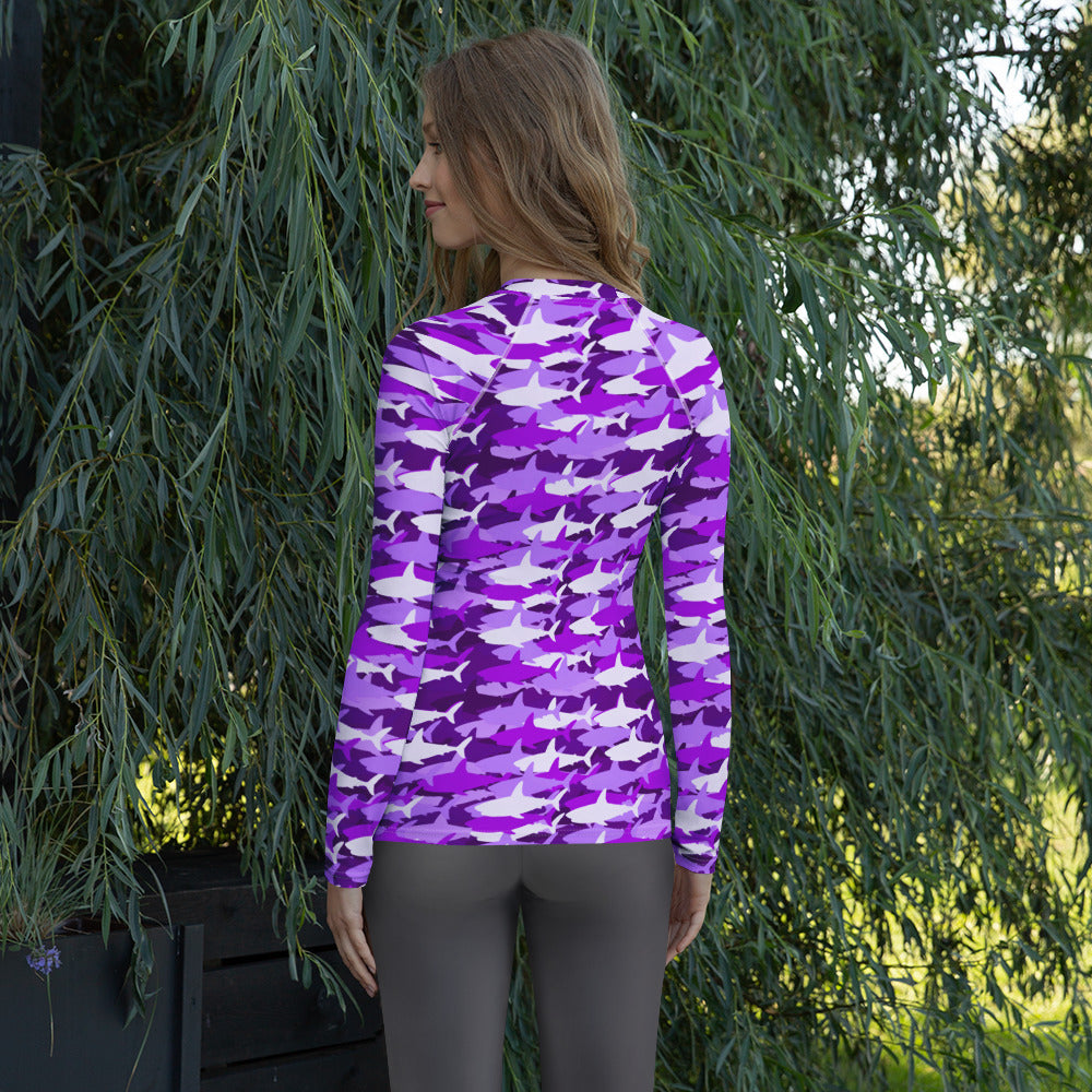 Women's Purple Shark Camouflage Long Sleeve Rash Guard Swim Shirt – Buttery Soft, Sun Safe UPF 50+ Protection, Quick Dry & 4-Way Stretch Comfort