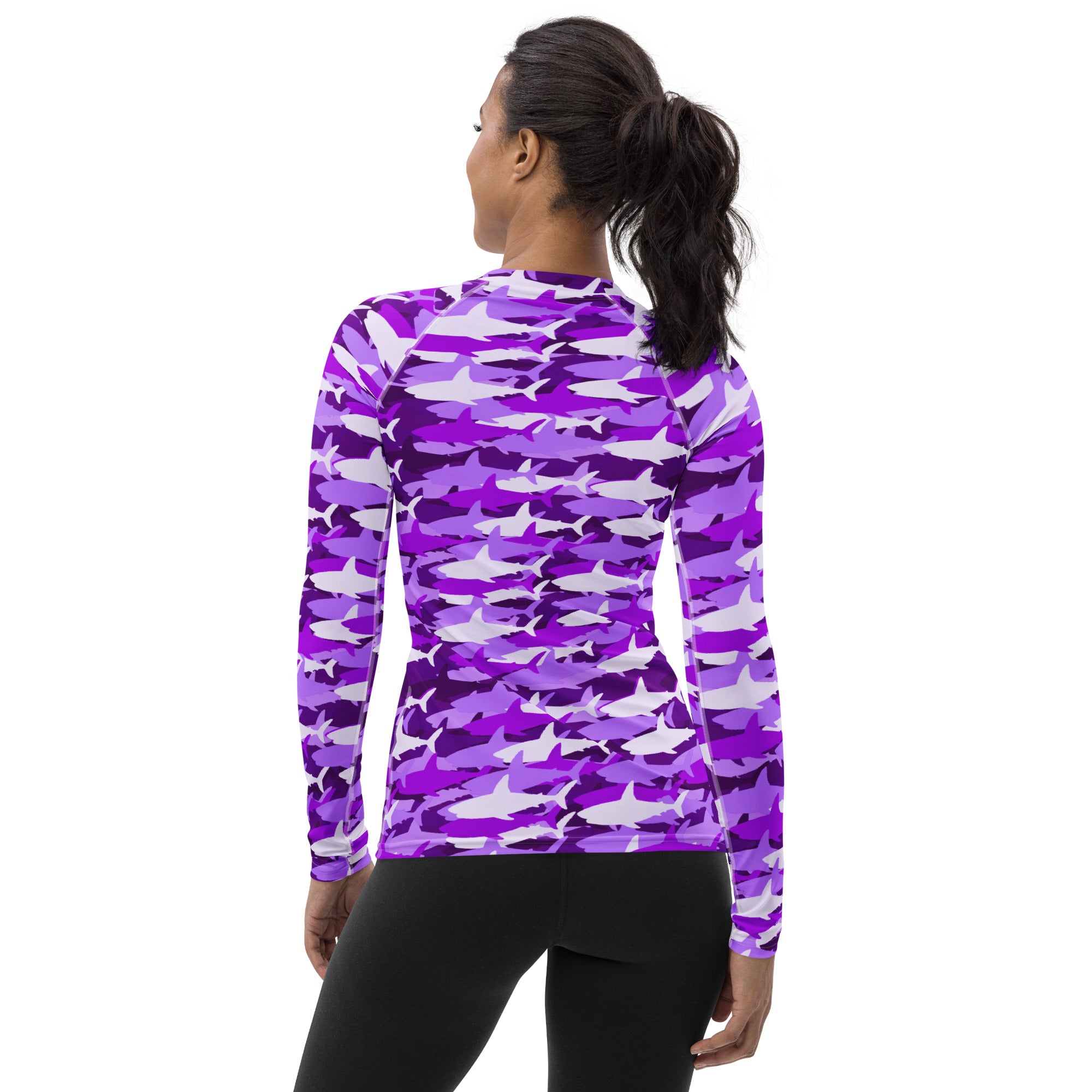 Women's Purple Shark Camouflage Long Sleeve Rash Guard Swim Shirt – Buttery Soft, Sun Safe UPF 50+ Protection, Quick Dry & 4-Way Stretch Comfort