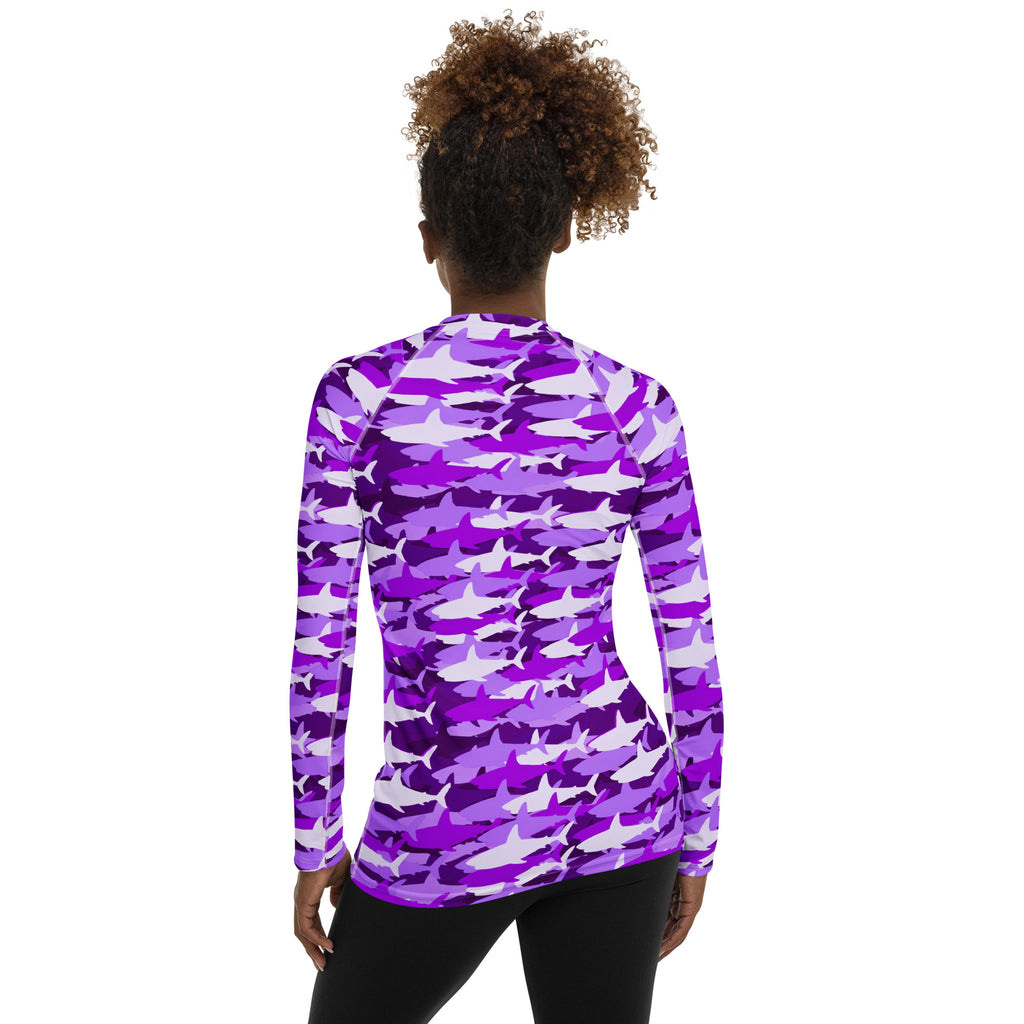 Women's Purple Shark Camouflage Long Sleeve Rash Guard Swim Shirt – Buttery Soft, Sun Safe UPF 50+ Protection, Quick Dry & 4-Way Stretch Comfort