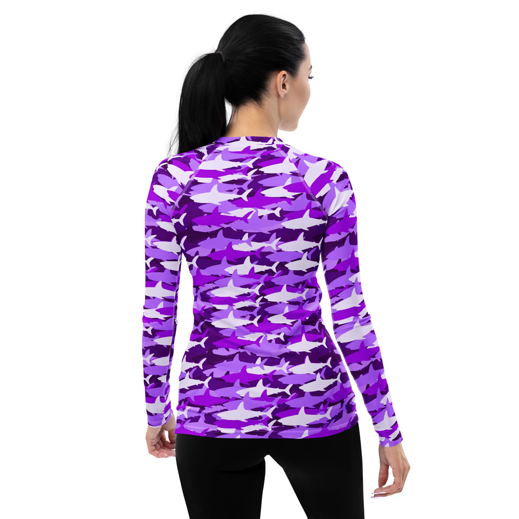Women's Purple Shark Camouflage Long Sleeve Rash Guard Swim Shirt – Buttery Soft, Sun Safe UPF 50+ Protection, Quick Dry & 4-Way Stretch Comfort