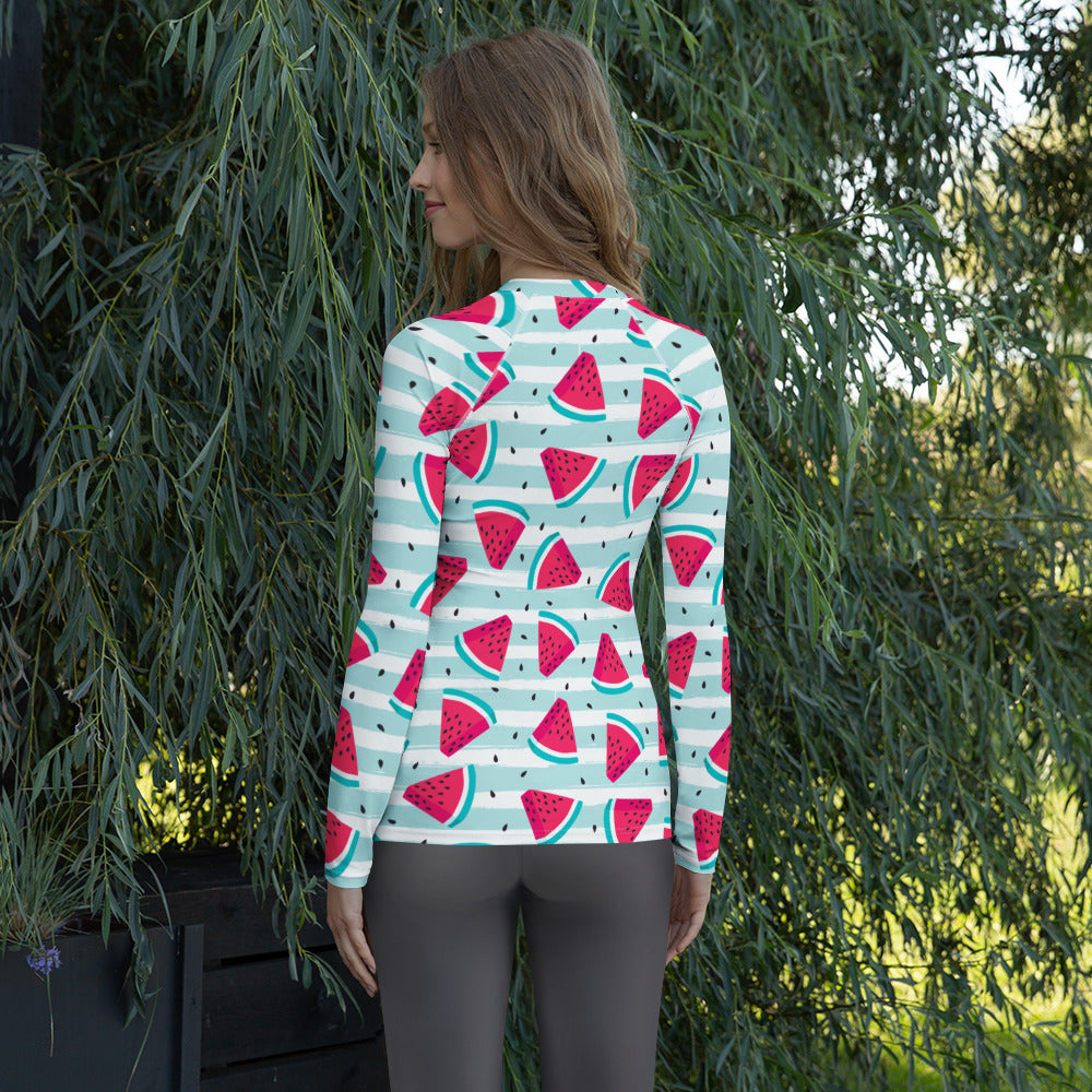 Women's Watermelon Stripe Long Sleeve Rash Guard Swim Shirt – Buttery Soft, Sun Safe UPF 50+ Protection, Quick Dry & 4-Way Stretch Comfort