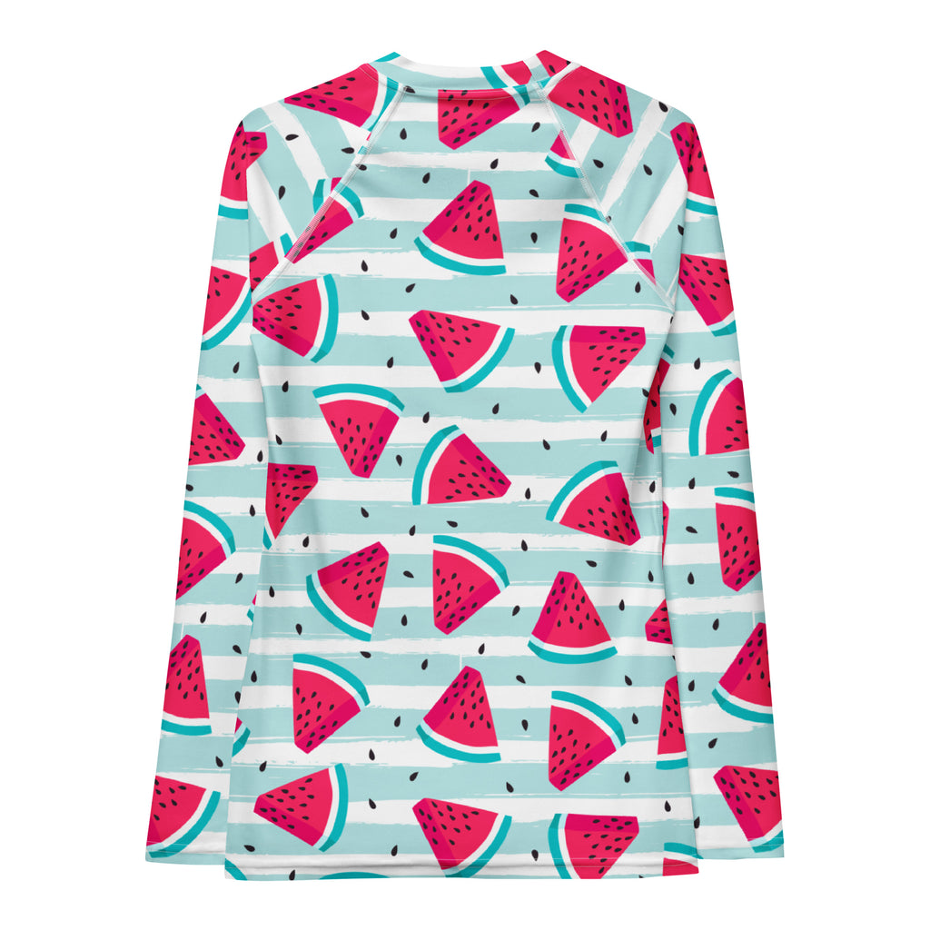 Women's Watermelon Stripe Long Sleeve Rash Guard Swim Shirt – Buttery Soft, Sun Safe UPF 50+ Protection, Quick Dry & 4-Way Stretch Comfort
