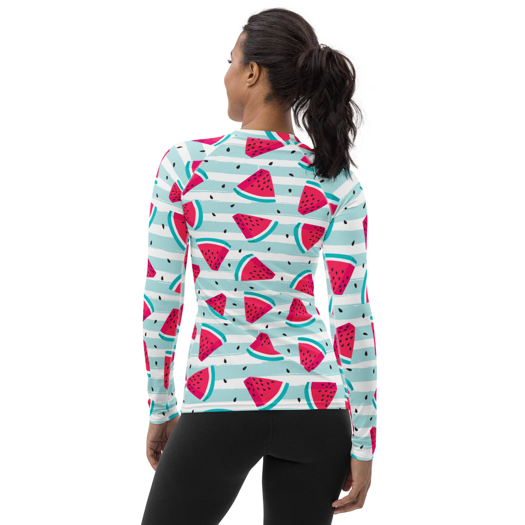 Women's Watermelon Stripe Long Sleeve Rash Guard Swim Shirt – Buttery Soft, Sun Safe UPF 50+ Protection, Quick Dry & 4-Way Stretch Comfort