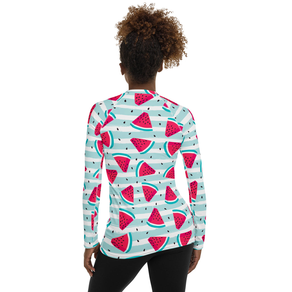 Women's Watermelon Stripe Long Sleeve Rash Guard Swim Shirt – Buttery Soft, Sun Safe UPF 50+ Protection, Quick Dry & 4-Way Stretch Comfort