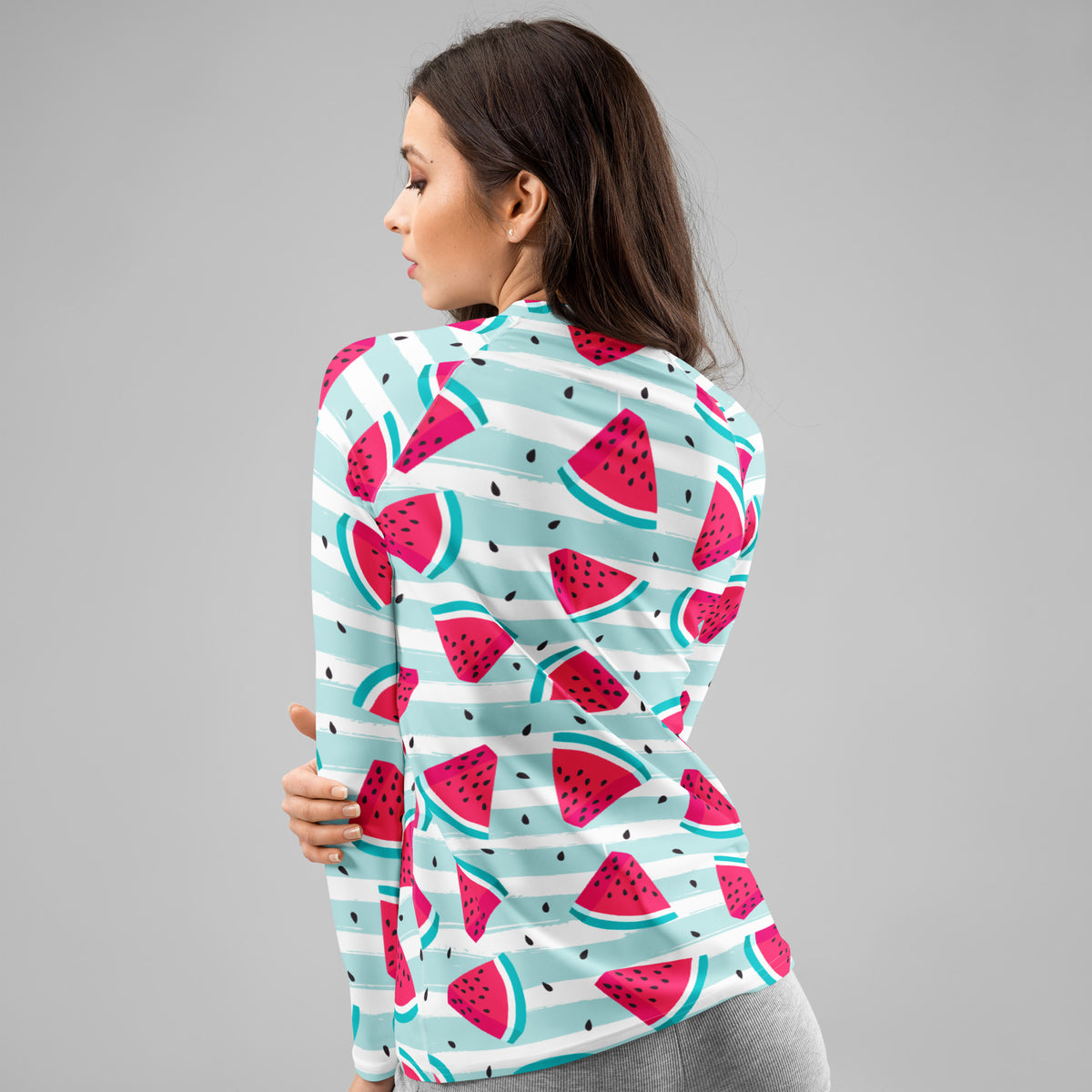 Women's Watermelon Stripe Long Sleeve Rash Guard Swim Shirt – Buttery Soft, Sun Safe UPF 50+ Protection, Quick Dry & 4-Way Stretch Comfort