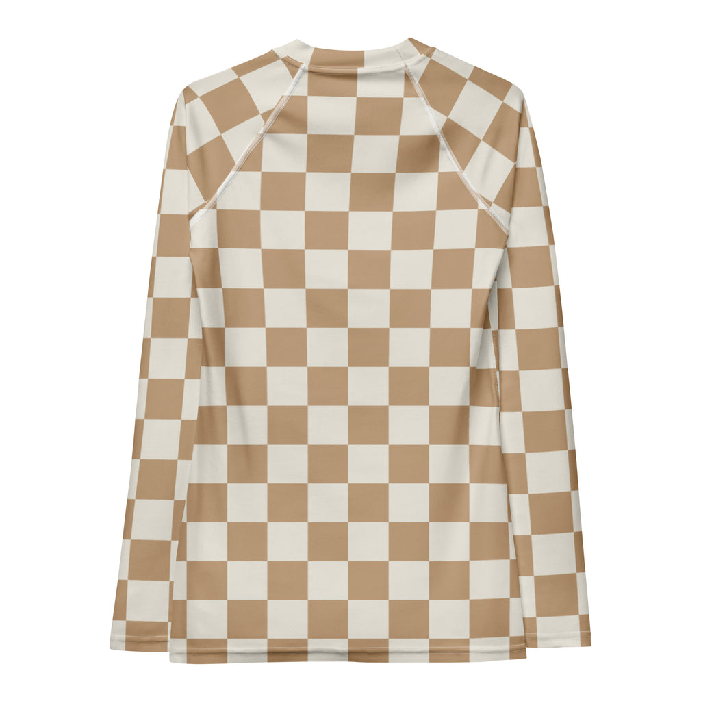Women's Beige Checkered Long Sleeve Rash Guard Swim Shirt – Buttery Soft, Sun Safe UPF 50+ Protection, Quick Dry & 4-Way Stretch Comfort