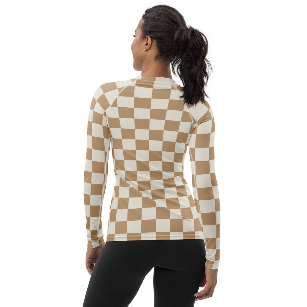 Women's Beige Checkered Long Sleeve Rash Guard Swim Shirt – Buttery Soft, Sun Safe UPF 50+ Protection, Quick Dry & 4-Way Stretch Comfort