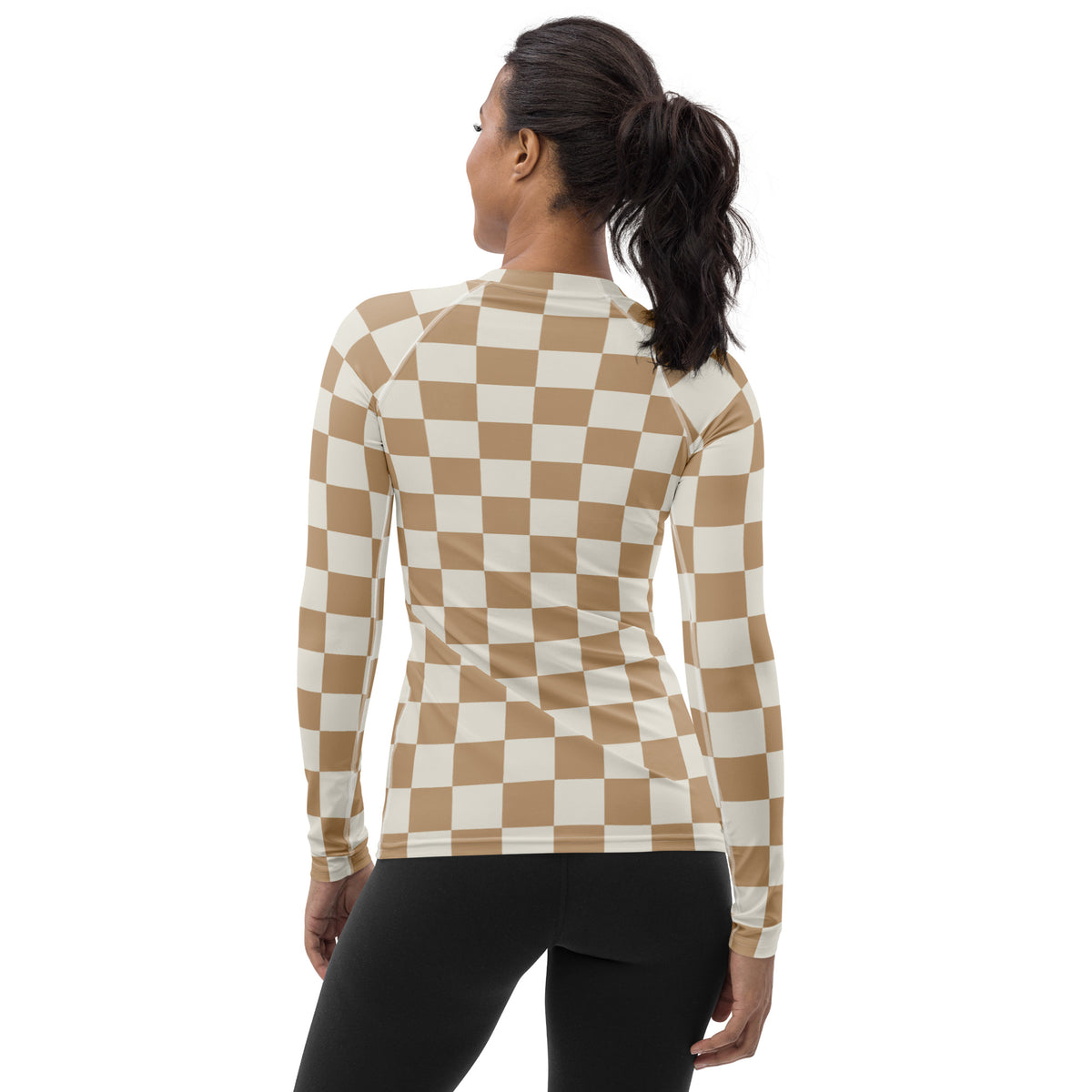 Women's Beige Checkered Long Sleeve Rash Guard Swim Shirt – Buttery Soft, Sun Safe UPF 50+ Protection, Quick Dry & 4-Way Stretch Comfort