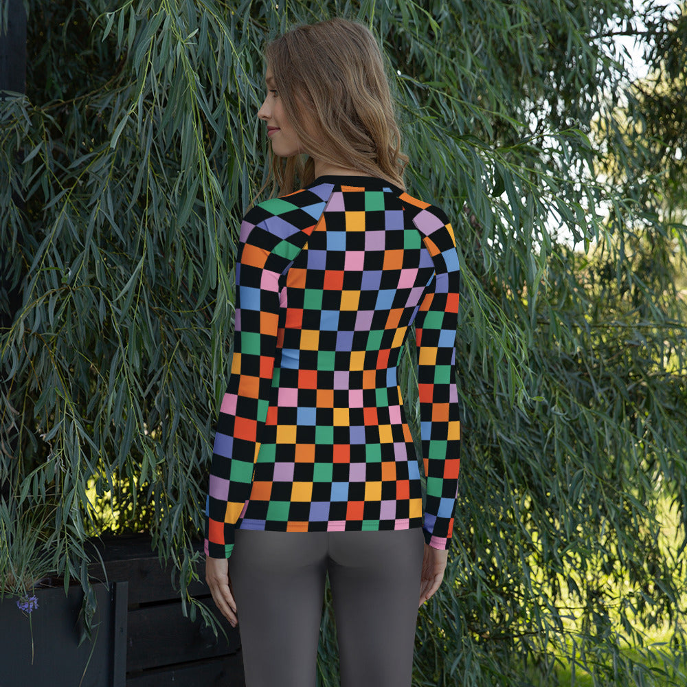Women's Rainbow Checkered Long Sleeve Rash Guard Swim Shirt – Buttery Soft, Sun Safe UPF 50+ Protection, Quick Dry & 4-Way Stretch Comfort