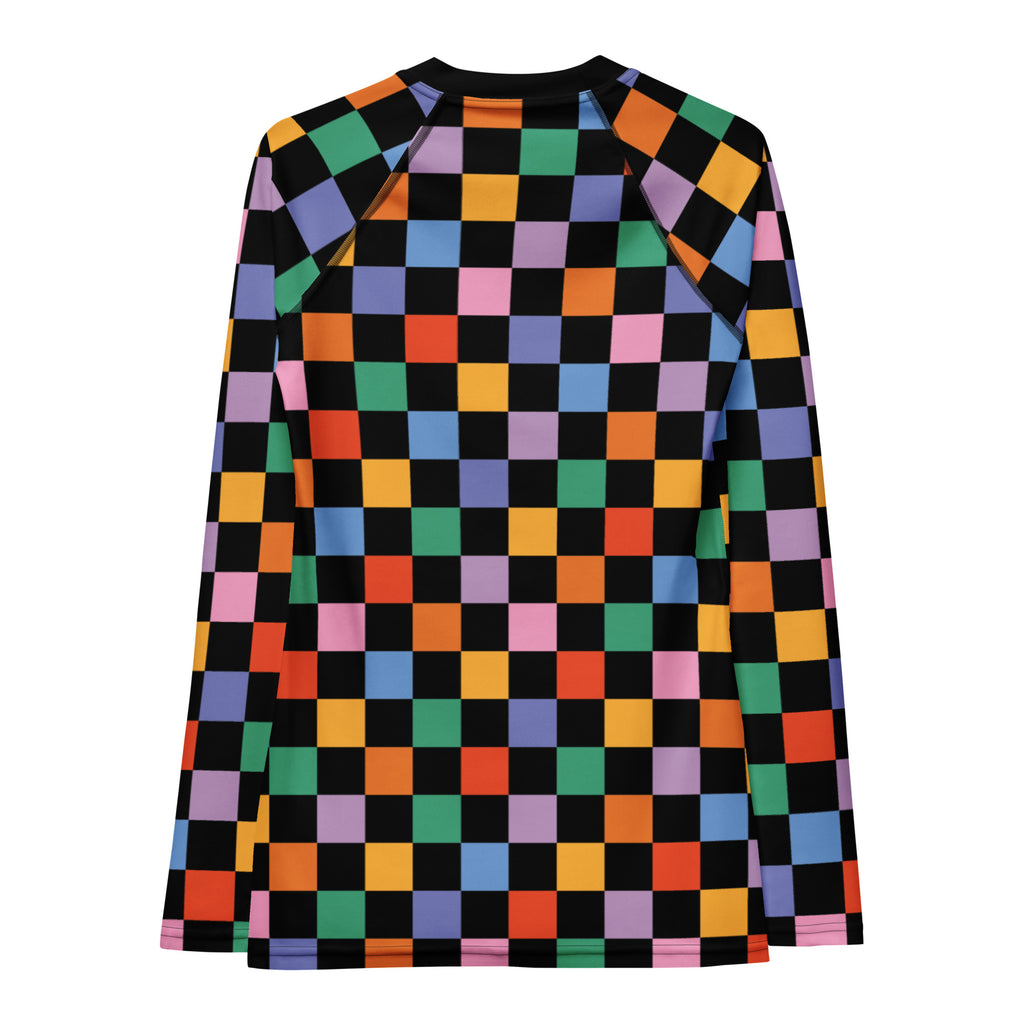Women's Rainbow Checkered Long Sleeve Rash Guard Swim Shirt – Buttery Soft, Sun Safe UPF 50+ Protection, Quick Dry & 4-Way Stretch Comfort