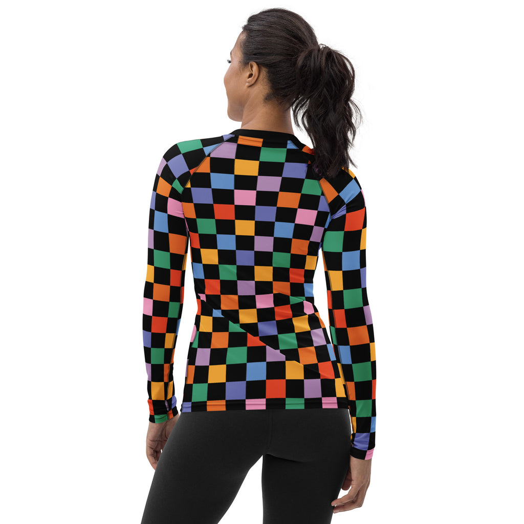 Women's Rainbow Checkered Long Sleeve Rash Guard Swim Shirt – Buttery Soft, Sun Safe UPF 50+ Protection, Quick Dry & 4-Way Stretch Comfort