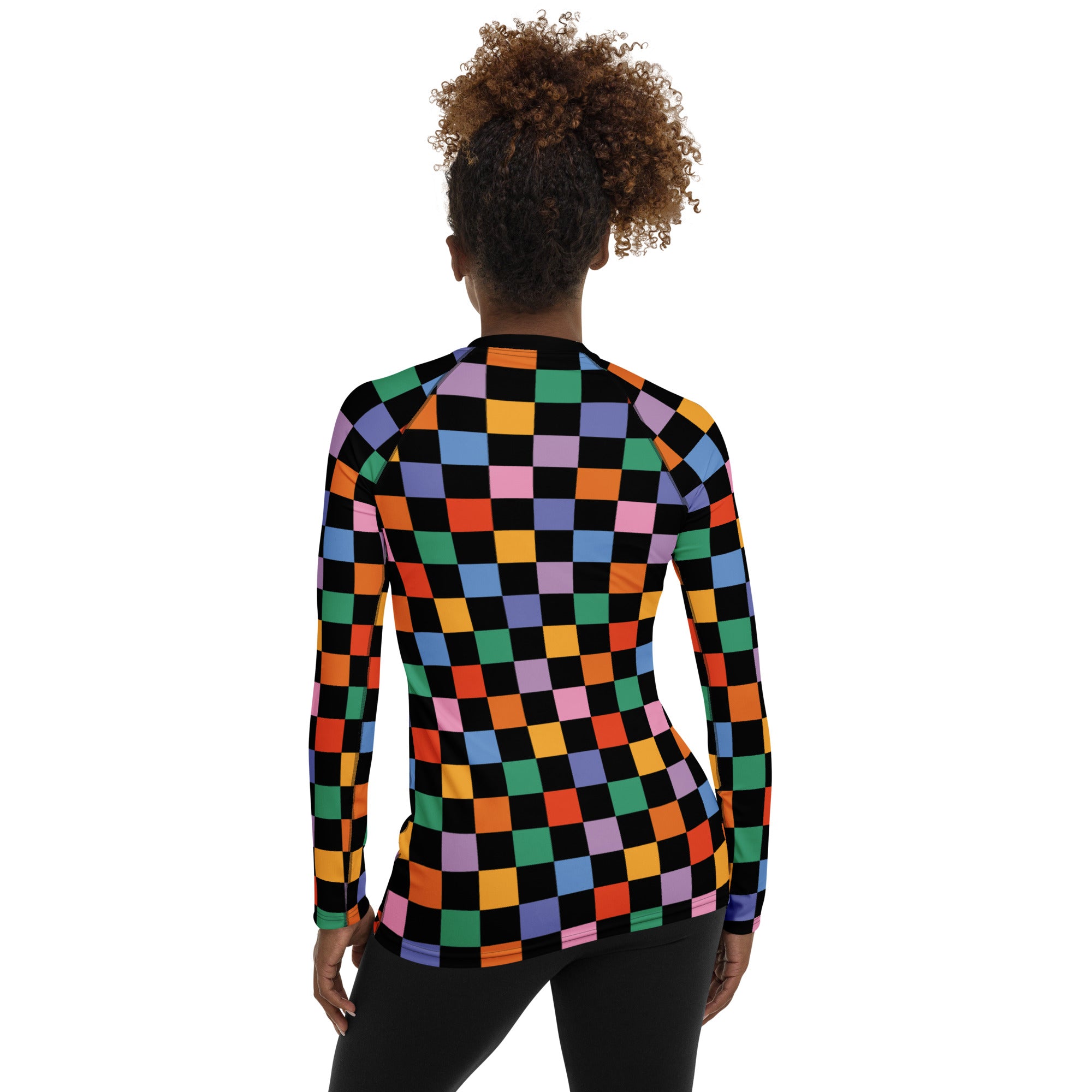 Women's Rainbow Checkered Long Sleeve Rash Guard Swim Shirt – Buttery Soft, Sun Safe UPF 50+ Protection, Quick Dry & 4-Way Stretch Comfort
