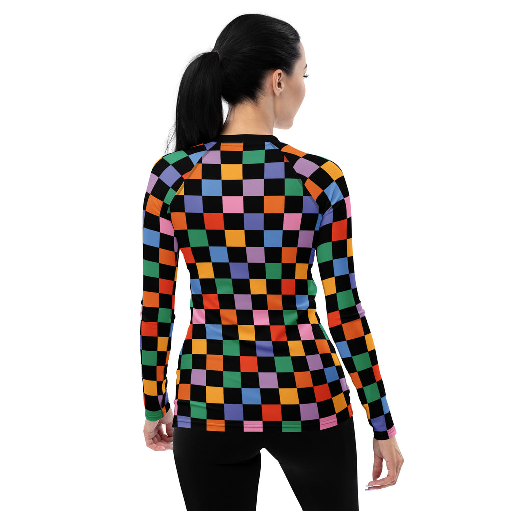 Women's Rainbow Checkered Long Sleeve Rash Guard Swim Shirt – Buttery Soft, Sun Safe UPF 50+ Protection, Quick Dry & 4-Way Stretch Comfort