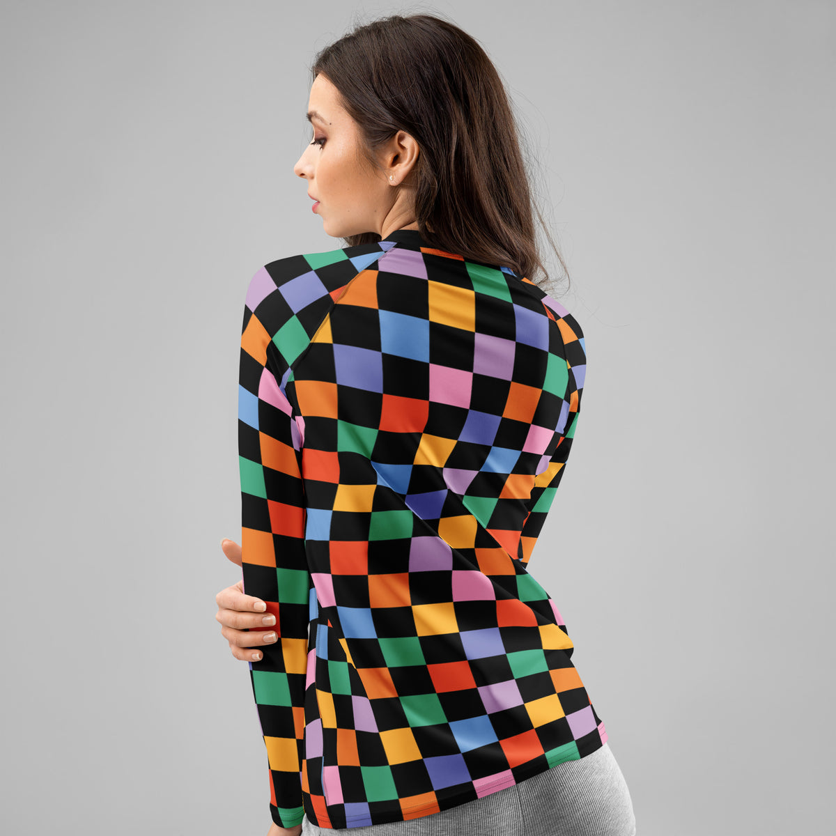 Women's Rainbow Checkered Long Sleeve Rash Guard Swim Shirt – Buttery Soft, Sun Safe UPF 50+ Protection, Quick Dry & 4-Way Stretch Comfort