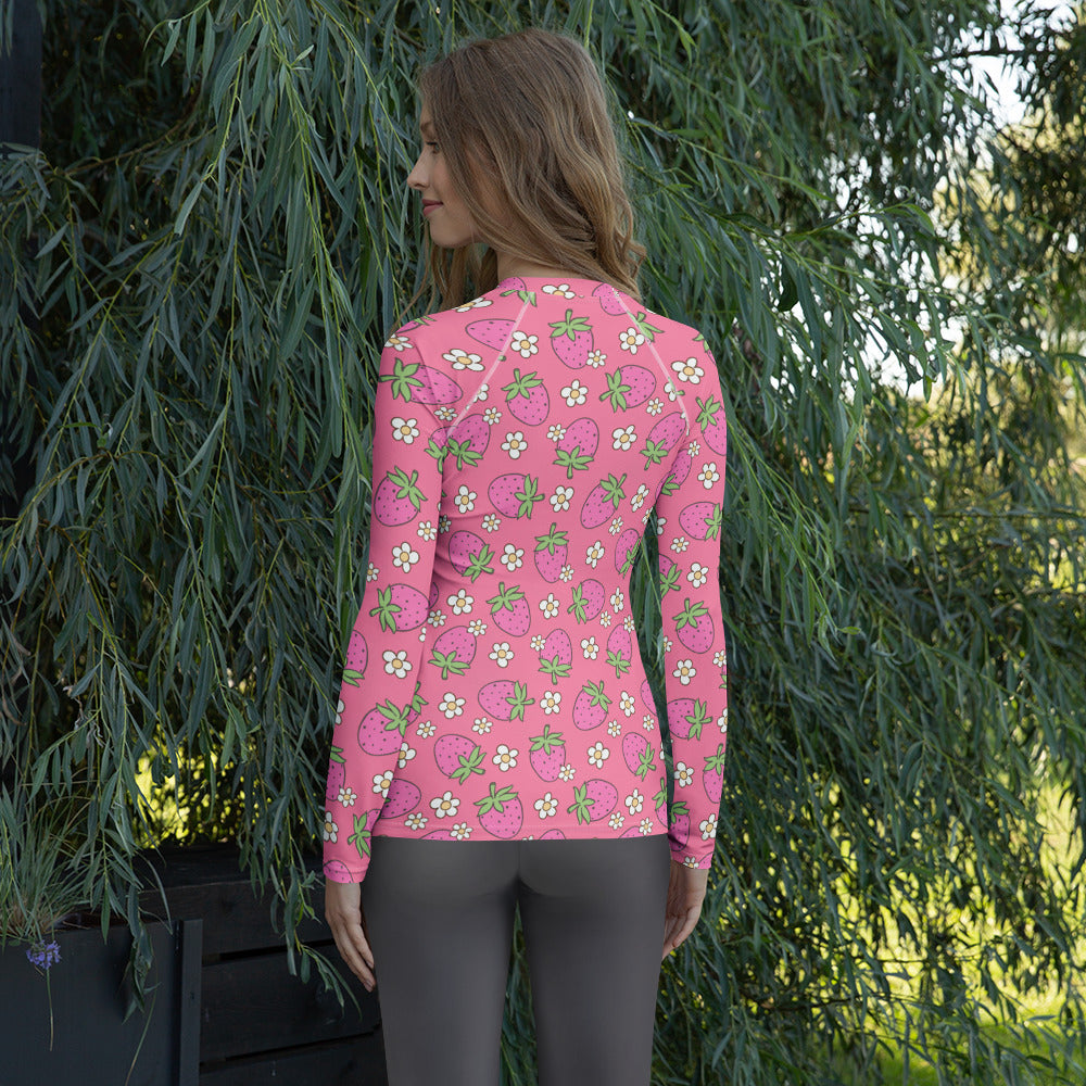 Women's Pink Strawberry Daisy Long Sleeve Rash Guard Swim Shirt – Buttery Soft, Sun Safe UPF 50+ Protection, Quick Dry & 4-Way Stretch Comfort
