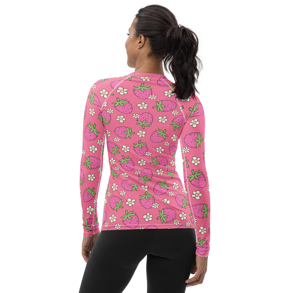 Women's Pink Strawberry Daisy Long Sleeve Rash Guard Swim Shirt – Buttery Soft, Sun Safe UPF 50+ Protection, Quick Dry & 4-Way Stretch Comfort