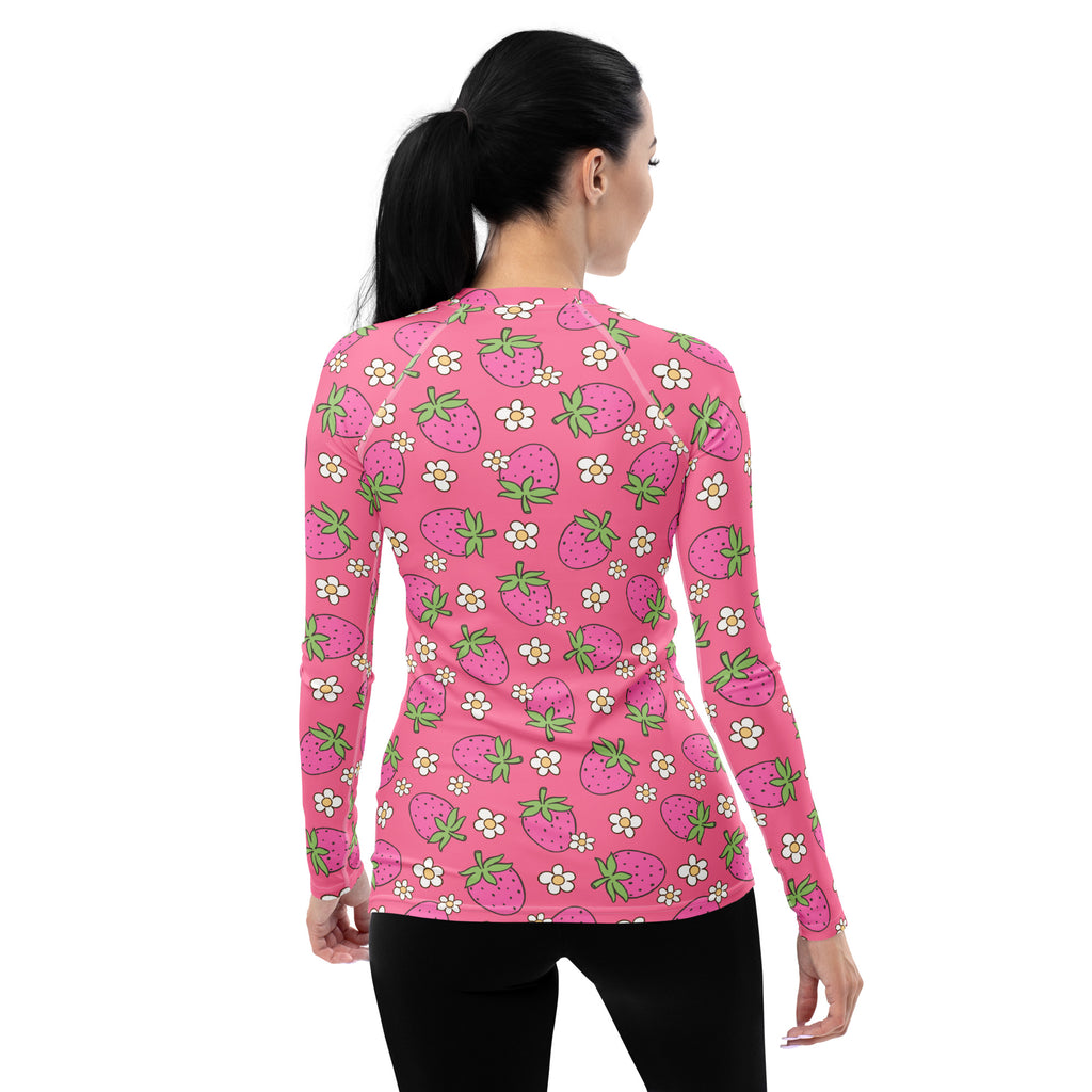 Women's Pink Strawberry Daisy Long Sleeve Rash Guard Swim Shirt – Buttery Soft, Sun Safe UPF 50+ Protection, Quick Dry & 4-Way Stretch Comfort