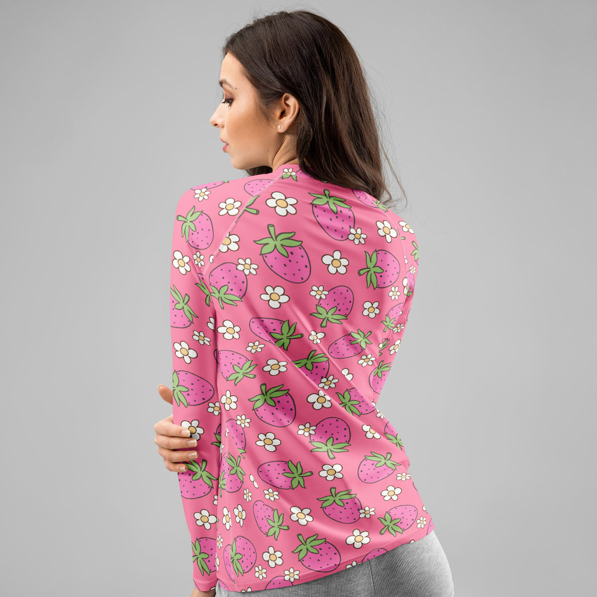 Women's Pink Strawberry Daisy Long Sleeve Rash Guard Swim Shirt – Buttery Soft, Sun Safe UPF 50+ Protection, Quick Dry & 4-Way Stretch Comfort