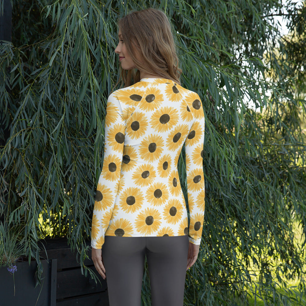 Women's Yellow Watercolor Sunflower Long Sleeve Rash Guard Swim Shirt – Buttery Soft, Sun Safe UPF 50+ Protection, Quick Dry & 4-Way Stretch Comfort