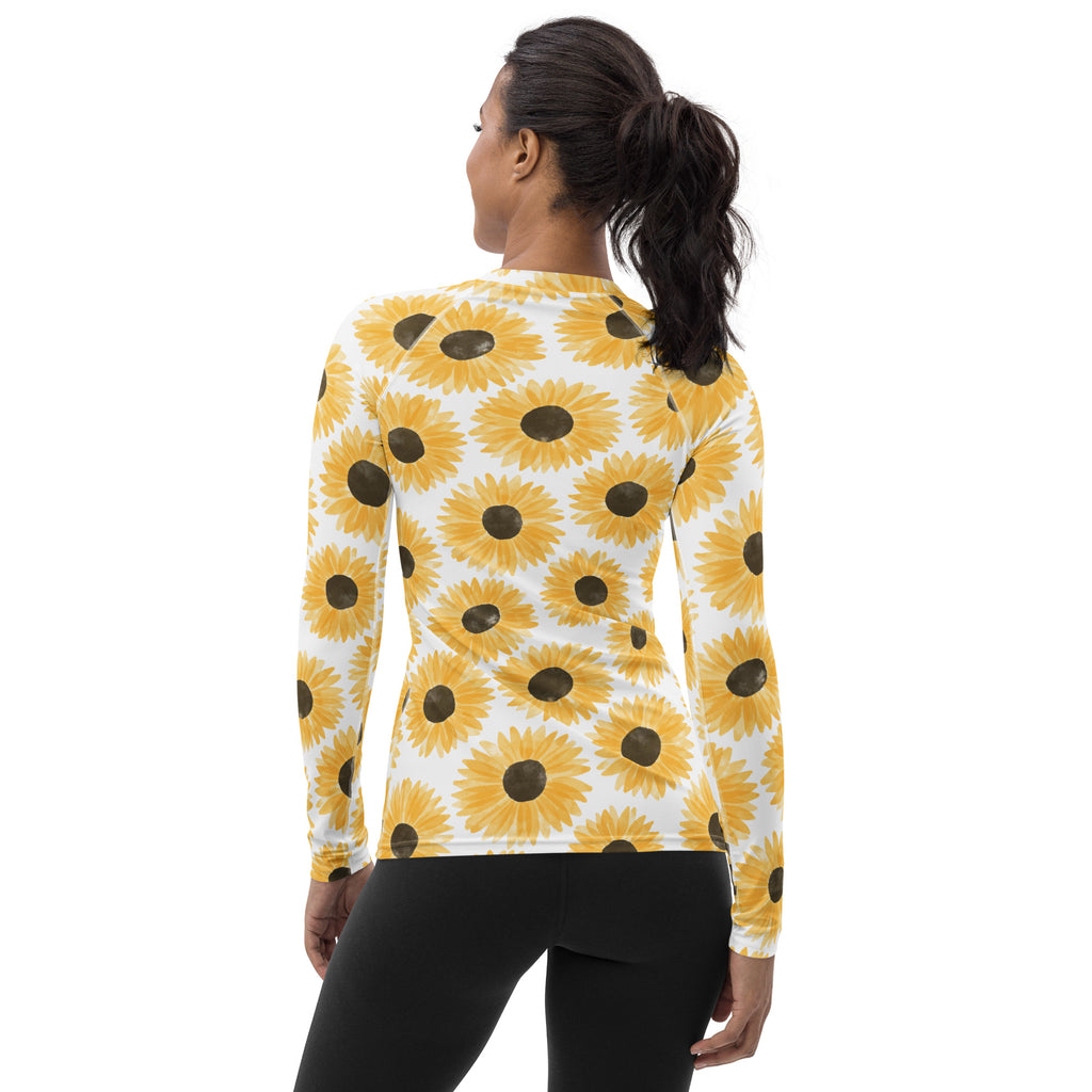 Women's Yellow Watercolor Sunflower Long Sleeve Rash Guard Swim Shirt – Buttery Soft, Sun Safe UPF 50+ Protection, Quick Dry & 4-Way Stretch Comfort