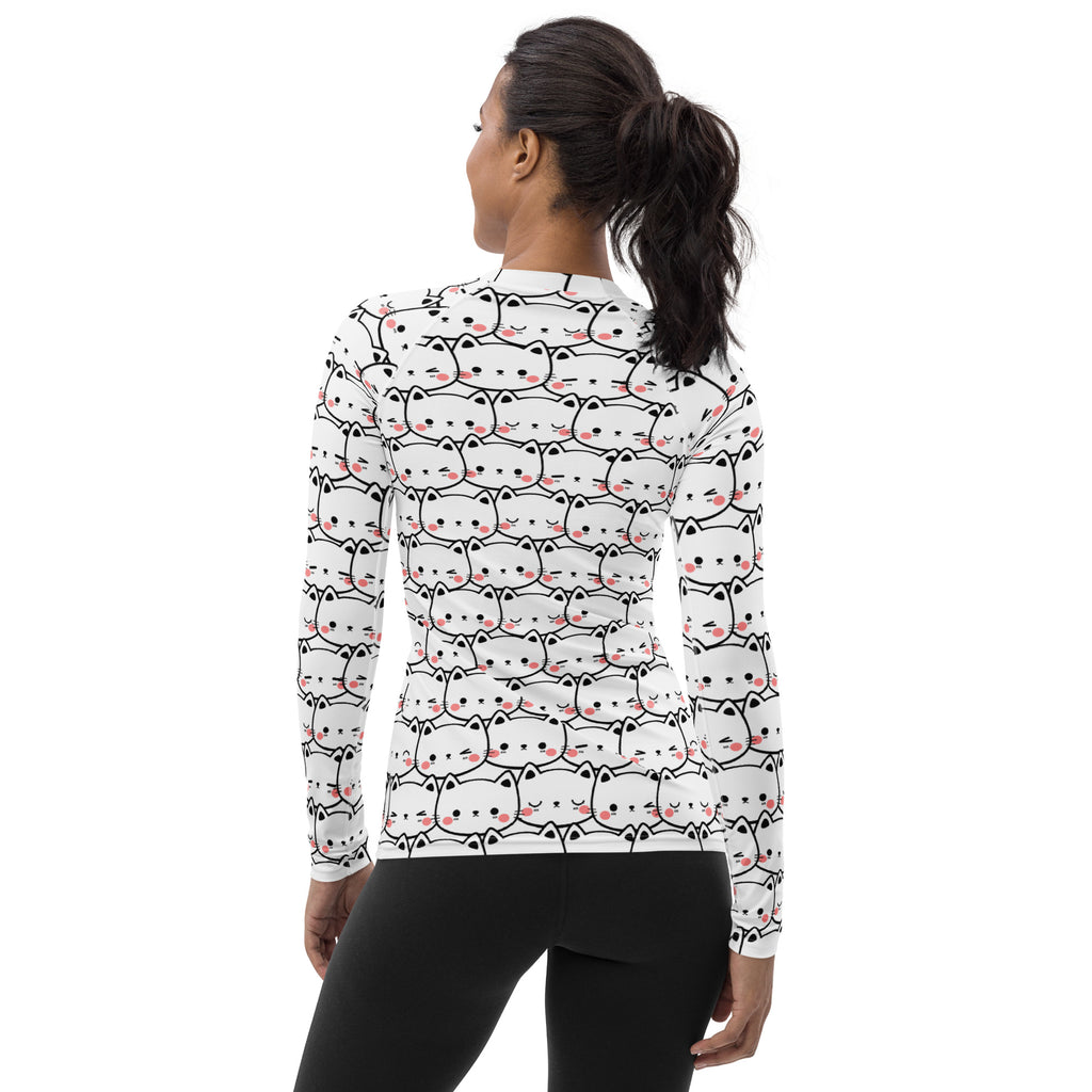 Women's Kawaii Cat Face Long Sleeve Rash Guard Swim Shirt – Buttery Soft, Sun Safe UPF 50+ Protection, Quick Dry & 4-Way Stretch Comfort