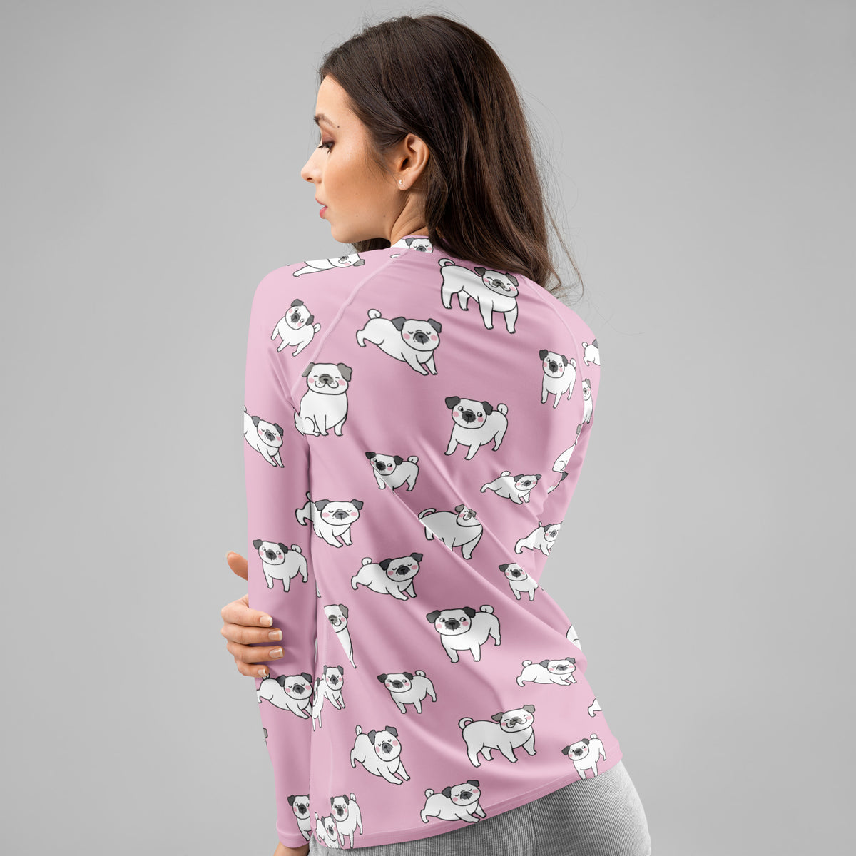 Women's Pink Pug Long Sleeve Rash Guard Swim Shirt – Buttery Soft, Sun Safe UPF 50+ Protection, Quick Dry & 4-Way Stretch Comfort