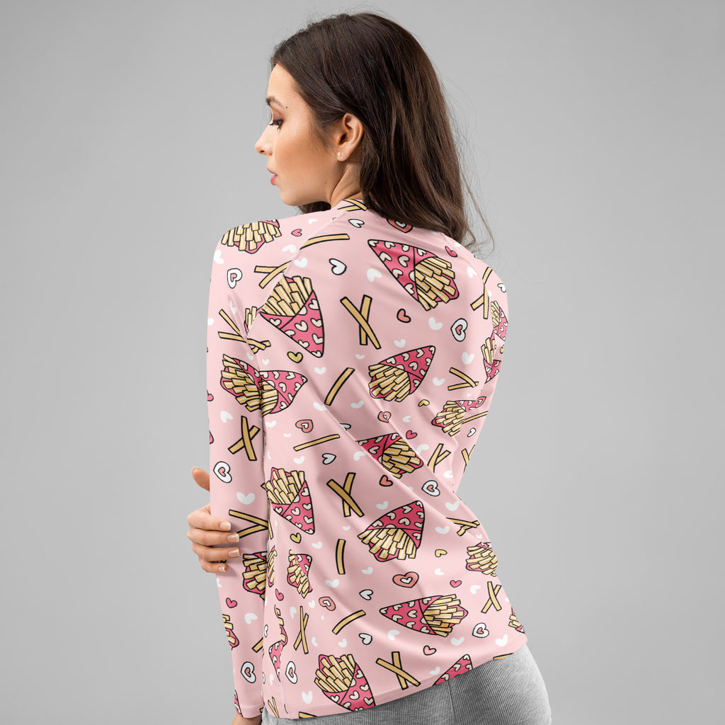 Women's Pink French Fries Long Sleeve Rash Guard Swim Shirt – Buttery Soft, Sun Safe UPF 50+ Protection, Quick Dry & 4-Way Stretch Comfort