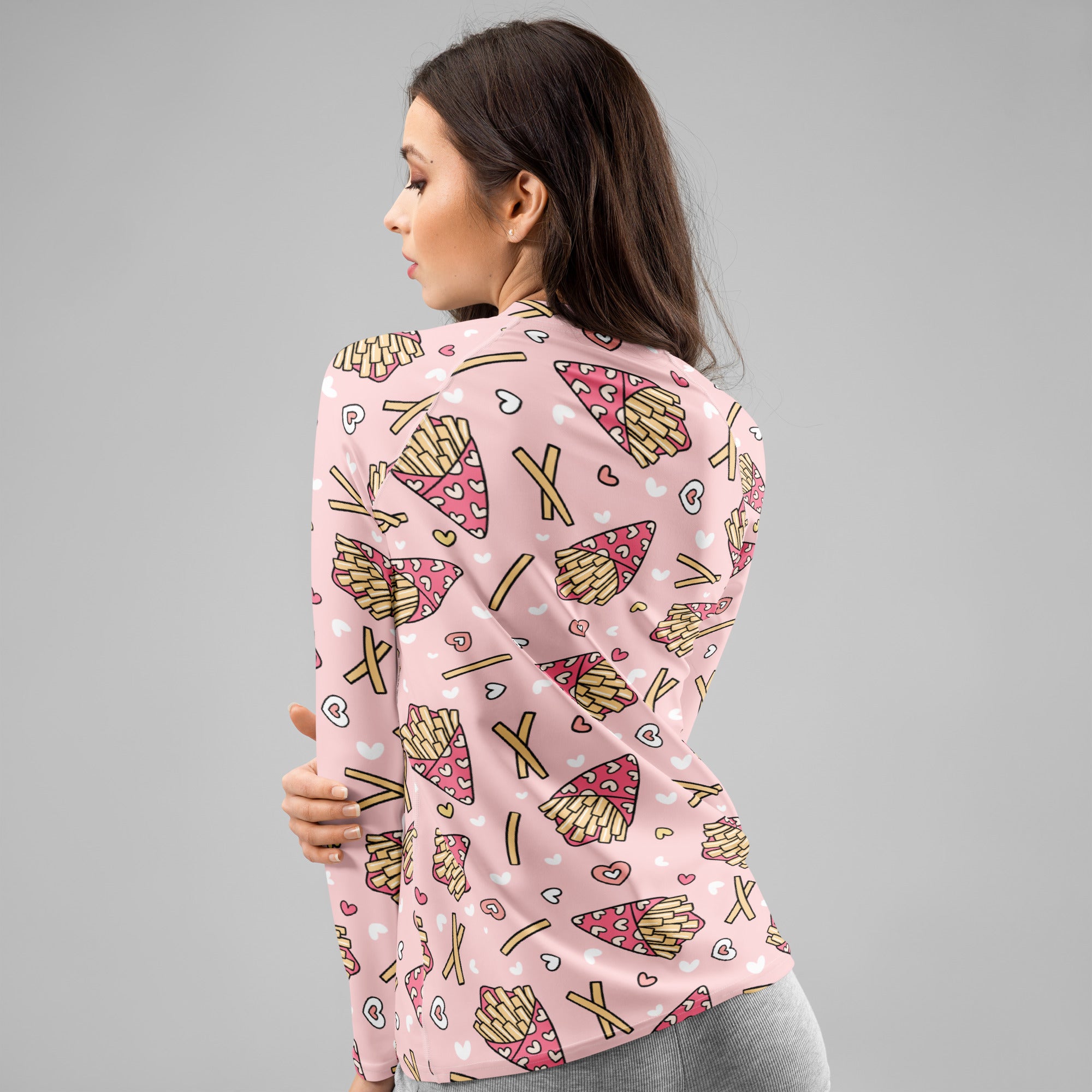 Women's Pink French Fries Long Sleeve Rash Guard Swim Shirt – Buttery Soft, Sun Safe UPF 50+ Protection, Quick Dry & 4-Way Stretch Comfort