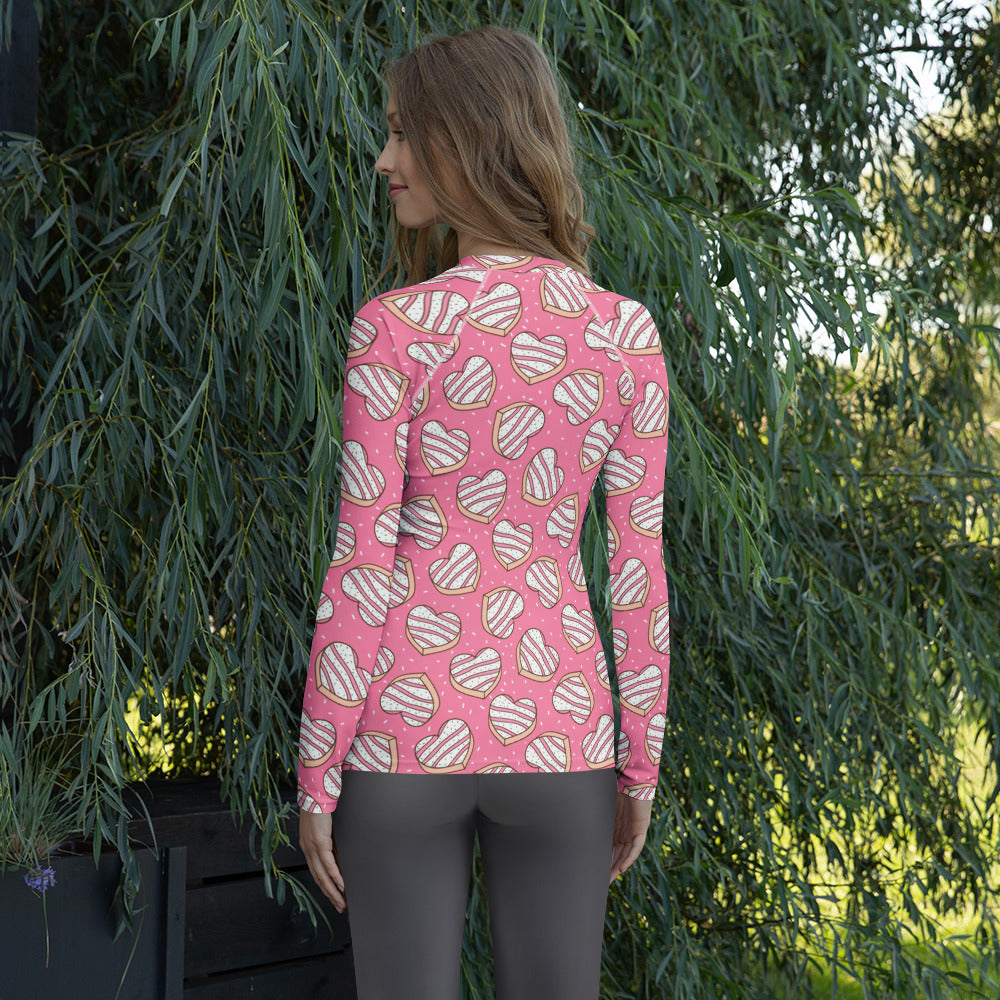 Women's Pink Heart Cookies Long Sleeve Rash Guard Swim Shirt – Buttery Soft, Sun Safe UPF 50+ Protection, Quick Dry & 4-Way Stretch Comfort