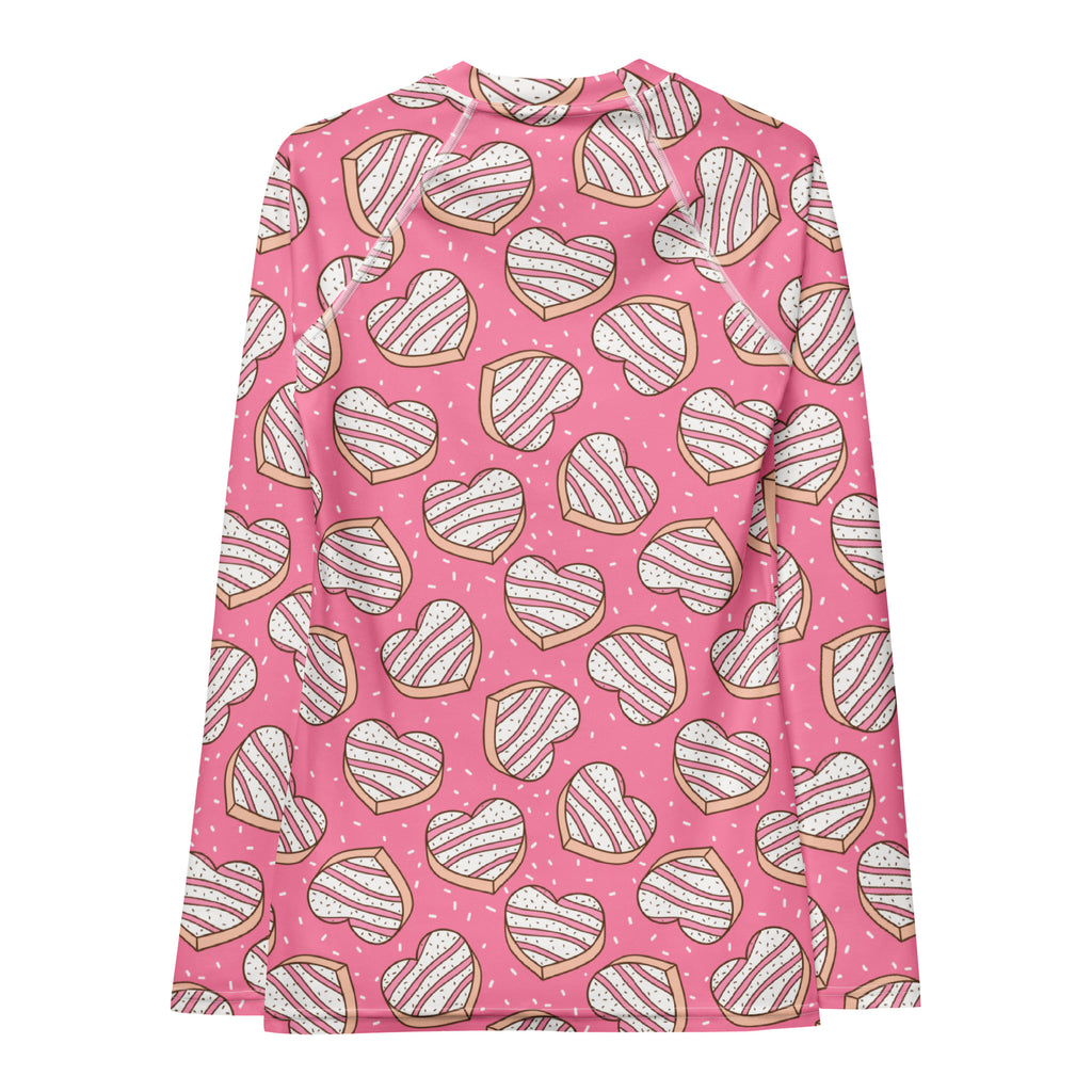 Women's Pink Heart Cookies Long Sleeve Rash Guard Swim Shirt – Buttery Soft, Sun Safe UPF 50+ Protection, Quick Dry & 4-Way Stretch Comfort