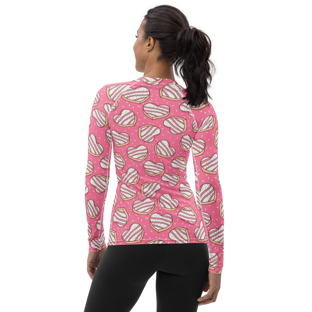 Women's Pink Heart Cookies Long Sleeve Rash Guard Swim Shirt – Buttery Soft, Sun Safe UPF 50+ Protection, Quick Dry & 4-Way Stretch Comfort