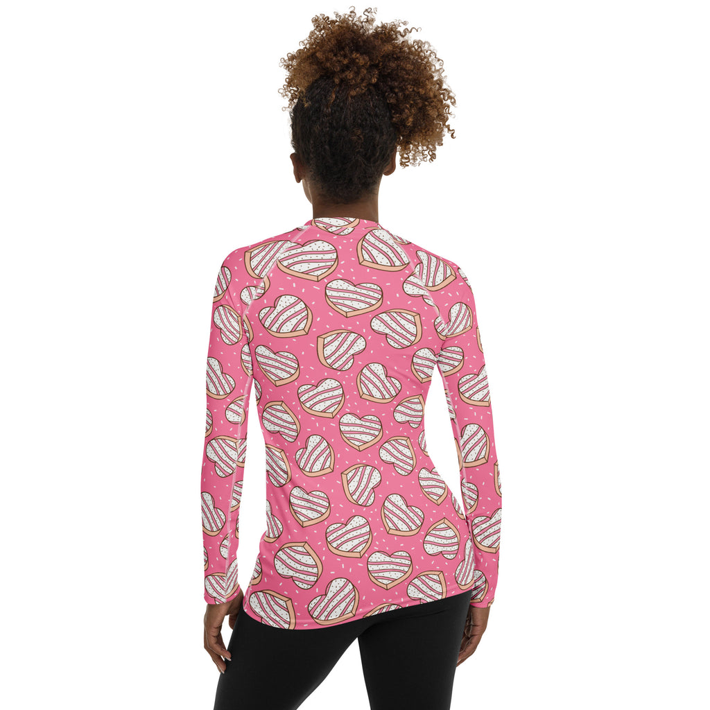 Women's Pink Heart Cookies Long Sleeve Rash Guard Swim Shirt – Buttery Soft, Sun Safe UPF 50+ Protection, Quick Dry & 4-Way Stretch Comfort