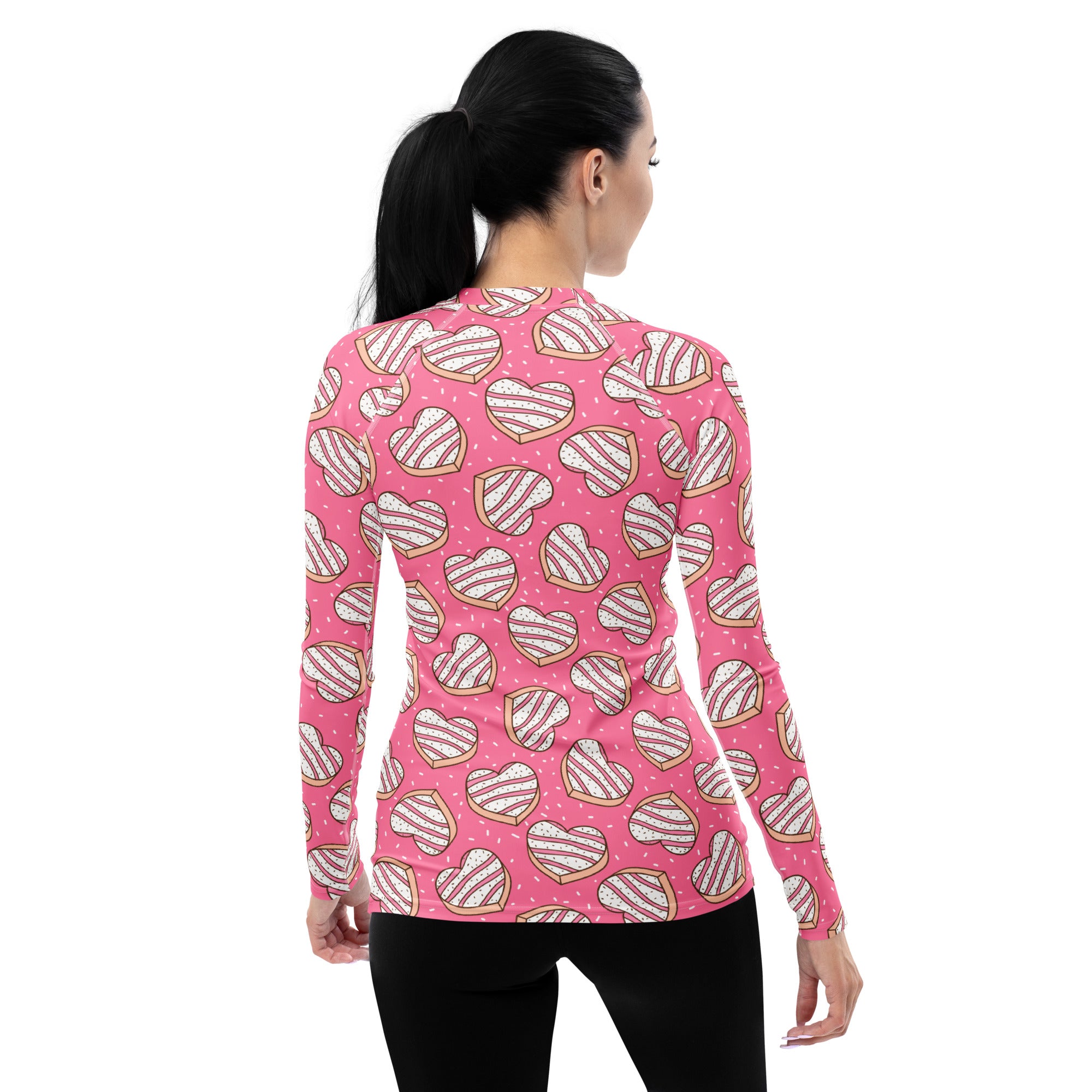 Women's Pink Heart Cookies Long Sleeve Rash Guard Swim Shirt – Buttery Soft, Sun Safe UPF 50+ Protection, Quick Dry & 4-Way Stretch Comfort