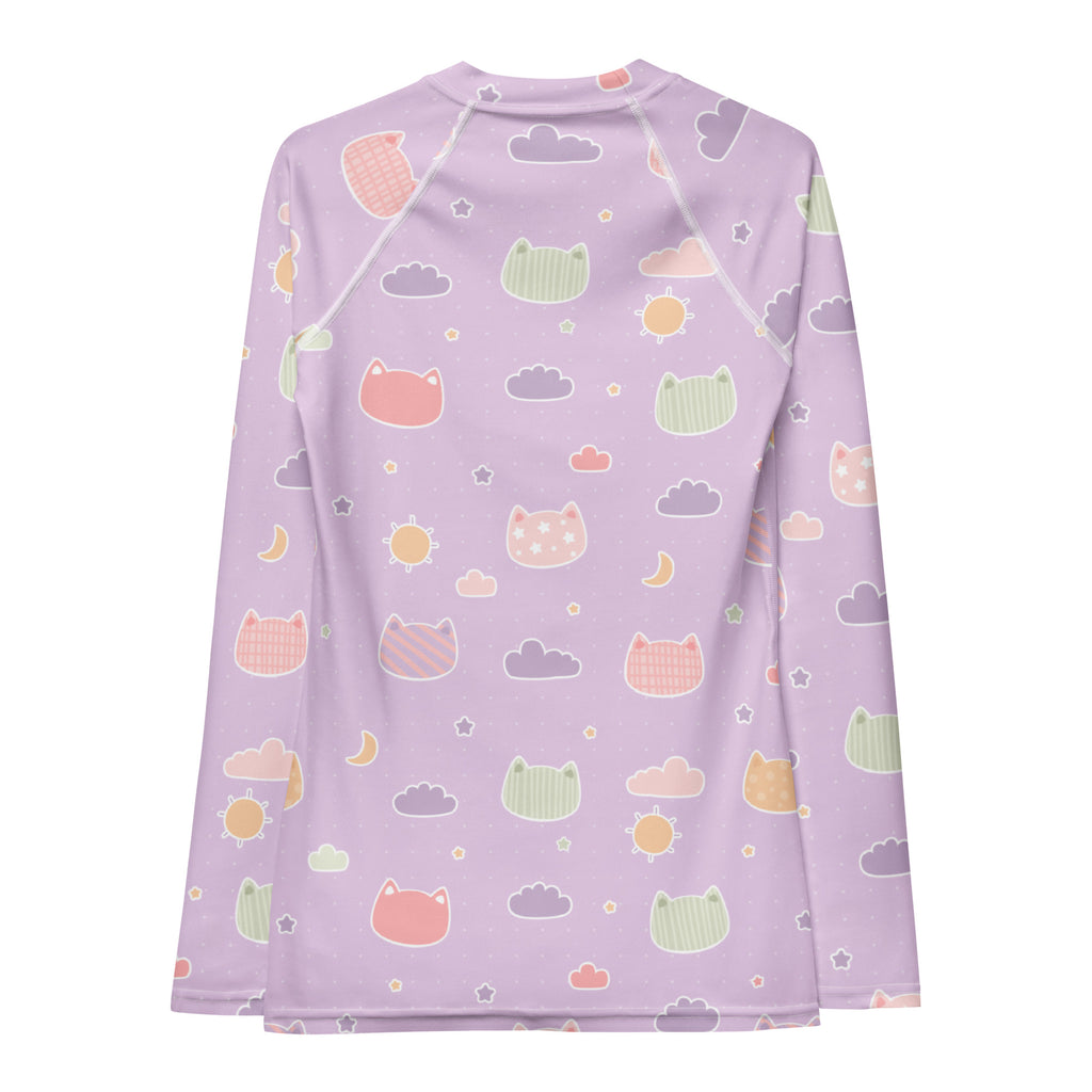 Women's Pastel Purple Kawaii Cat & Cloud Long Sleeve Rash Guard Swim Shirt – Buttery Soft, Sun Safe UPF 50+ Protection, Quick Dry & 4-Way Stretch Comfort
