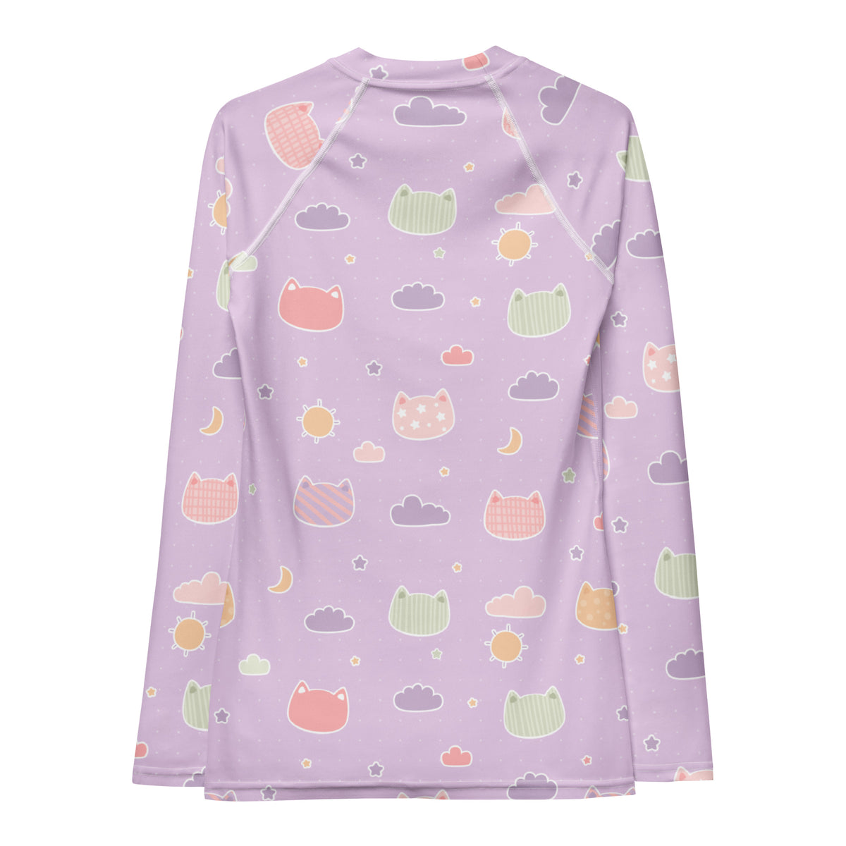Women's Pastel Purple Kawaii Cat & Cloud Long Sleeve Rash Guard Swim Shirt – Buttery Soft, Sun Safe UPF 50+ Protection, Quick Dry & 4-Way Stretch Comfort