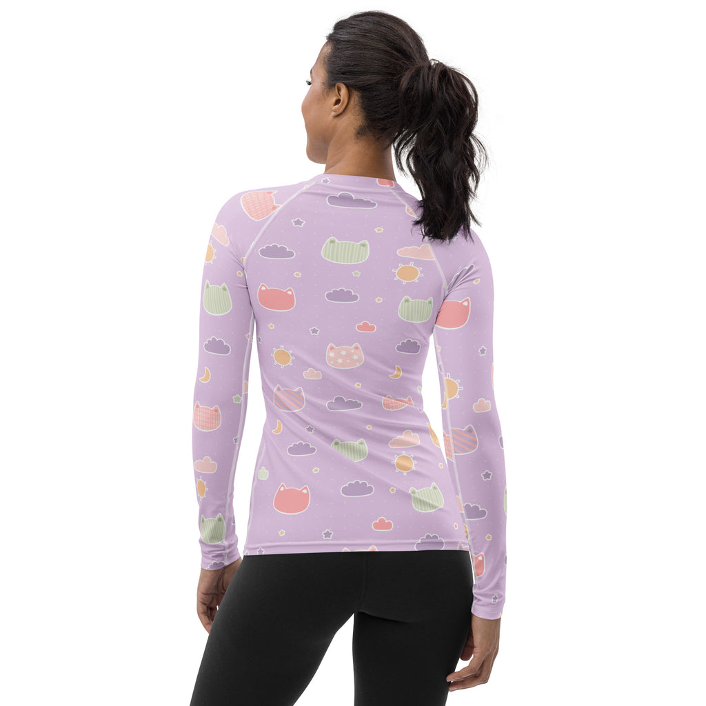 Women's Pastel Purple Kawaii Cat & Cloud Long Sleeve Rash Guard Swim Shirt – Buttery Soft, Sun Safe UPF 50+ Protection, Quick Dry & 4-Way Stretch Comfort