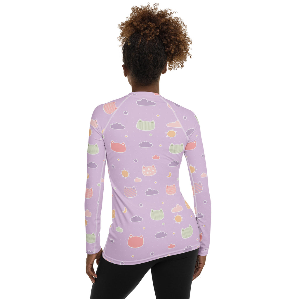 Women's Pastel Purple Kawaii Cat & Cloud Long Sleeve Rash Guard Swim Shirt – Buttery Soft, Sun Safe UPF 50+ Protection, Quick Dry & 4-Way Stretch Comfort