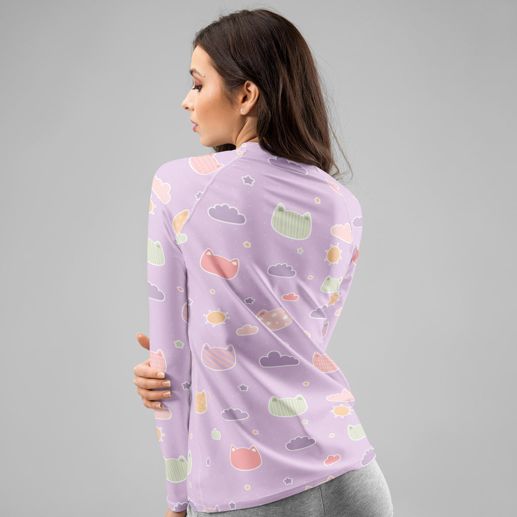 Women's Pastel Purple Kawaii Cat & Cloud Long Sleeve Rash Guard Swim Shirt – Buttery Soft, Sun Safe UPF 50+ Protection, Quick Dry & 4-Way Stretch Comfort