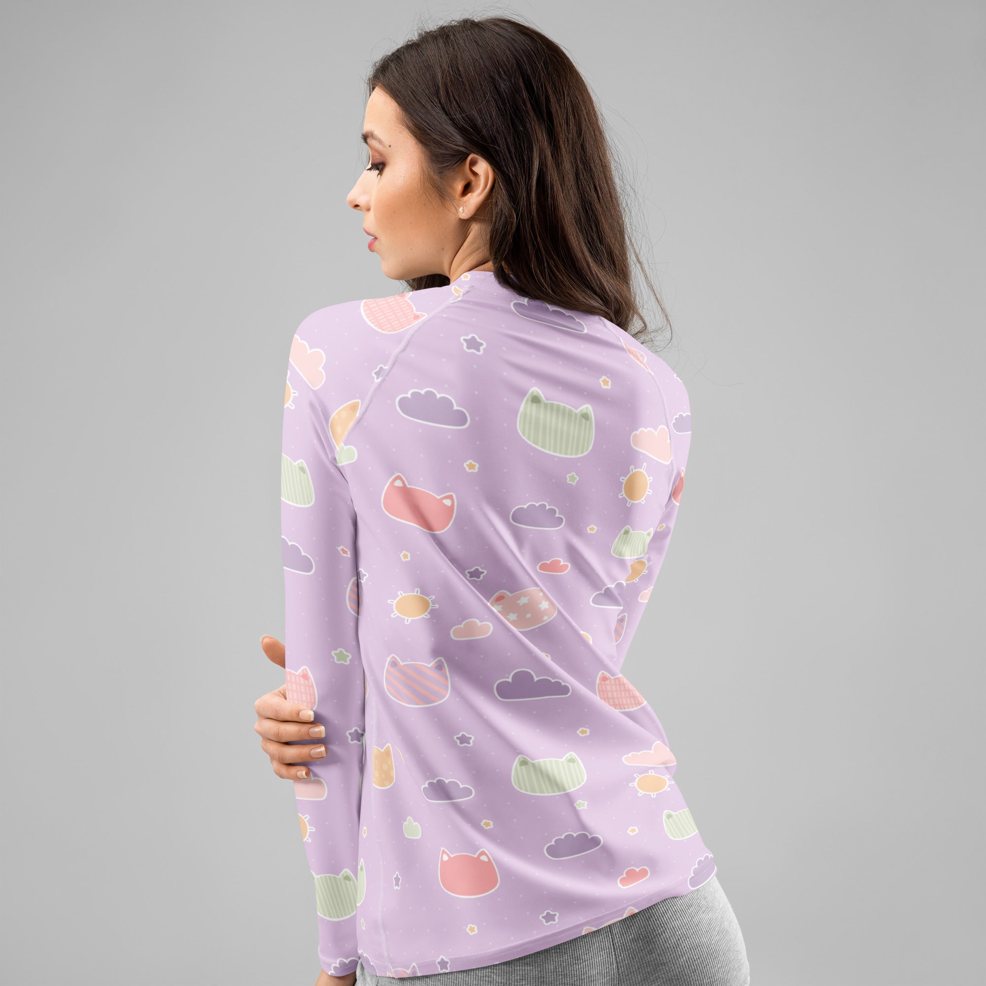 Women's Pastel Purple Kawaii Cat & Cloud Long Sleeve Rash Guard Swim Shirt – Buttery Soft, Sun Safe UPF 50+ Protection, Quick Dry & 4-Way Stretch Comfort