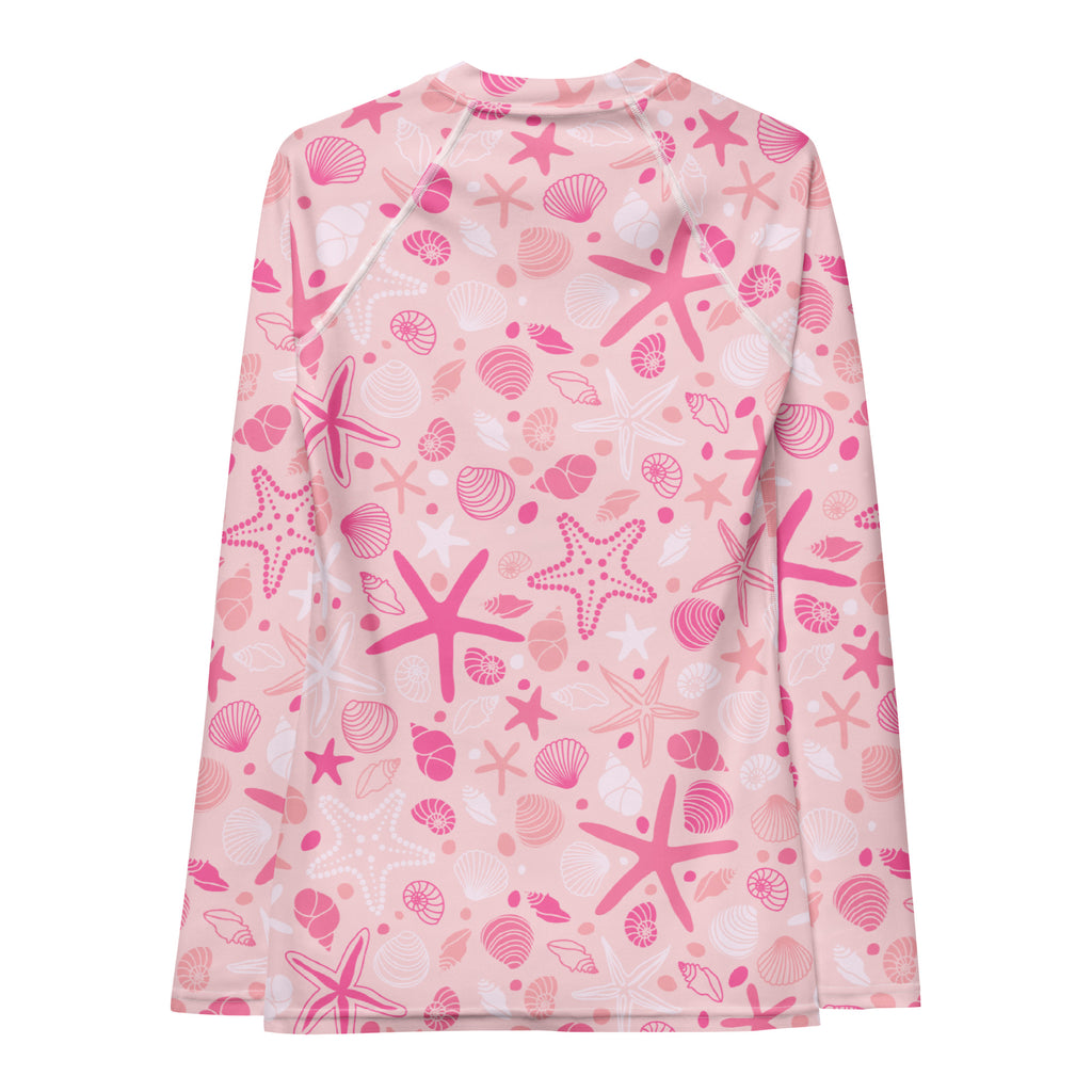 Women's Pink Starfish & Shells Long Sleeve Rash Guard Swim Shirt – Buttery Soft, Sun Safe UPF 50+ Protection, Quick Dry & 4-Way Stretch Comfort