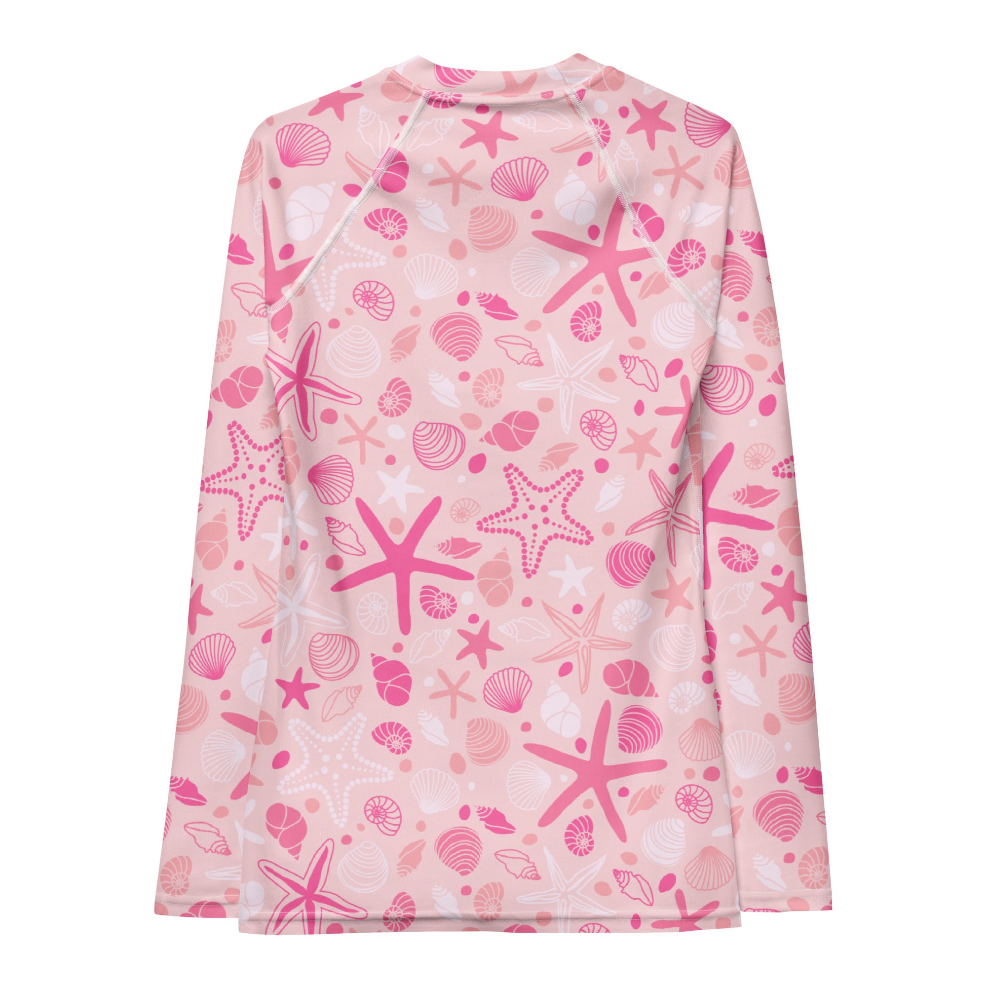 Women's Pink Starfish & Shells Long Sleeve Rash Guard Swim Shirt – Buttery Soft, Sun Safe UPF 50+ Protection, Quick Dry & 4-Way Stretch Comfort