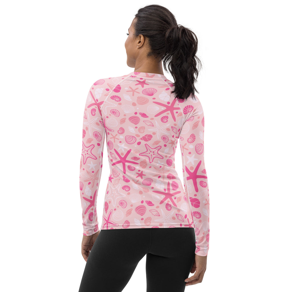 Women's Pink Starfish & Shells Long Sleeve Rash Guard Swim Shirt – Buttery Soft, Sun Safe UPF 50+ Protection, Quick Dry & 4-Way Stretch Comfort