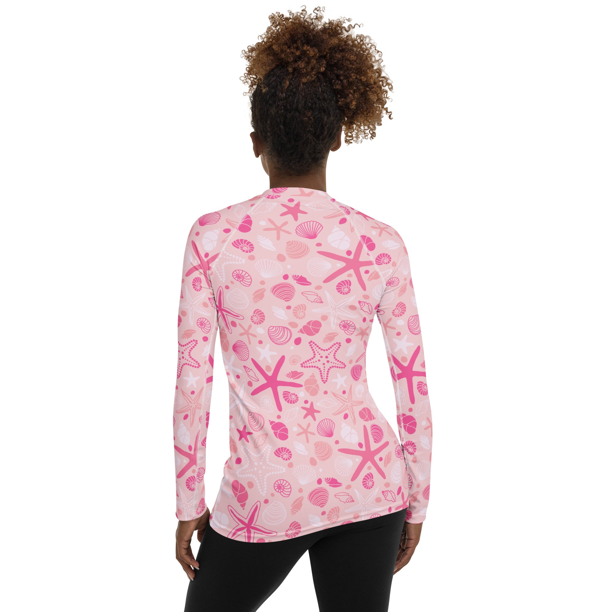 Women's Pink Starfish & Shells Long Sleeve Rash Guard Swim Shirt – Buttery Soft, Sun Safe UPF 50+ Protection, Quick Dry & 4-Way Stretch Comfort
