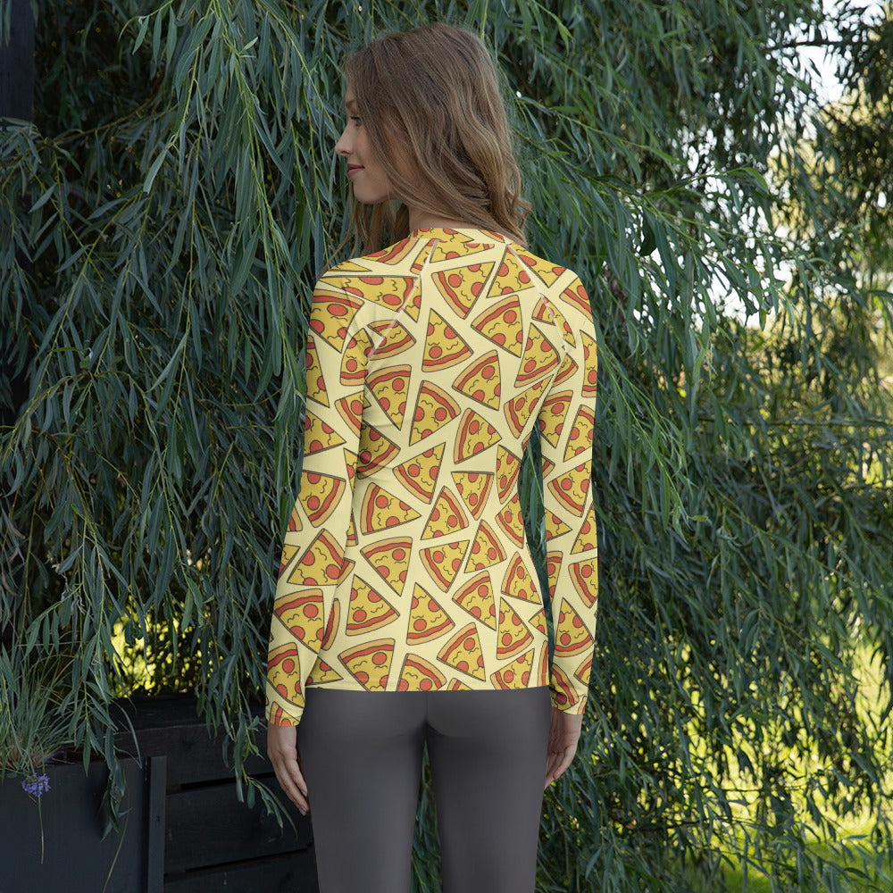 Women's Pepperoni Pizza Long Sleeve Rash Guard Swim Shirt – Buttery Soft, Sun Safe UPF 50+ Protection, Quick Dry & 4-Way Stretch Comfort