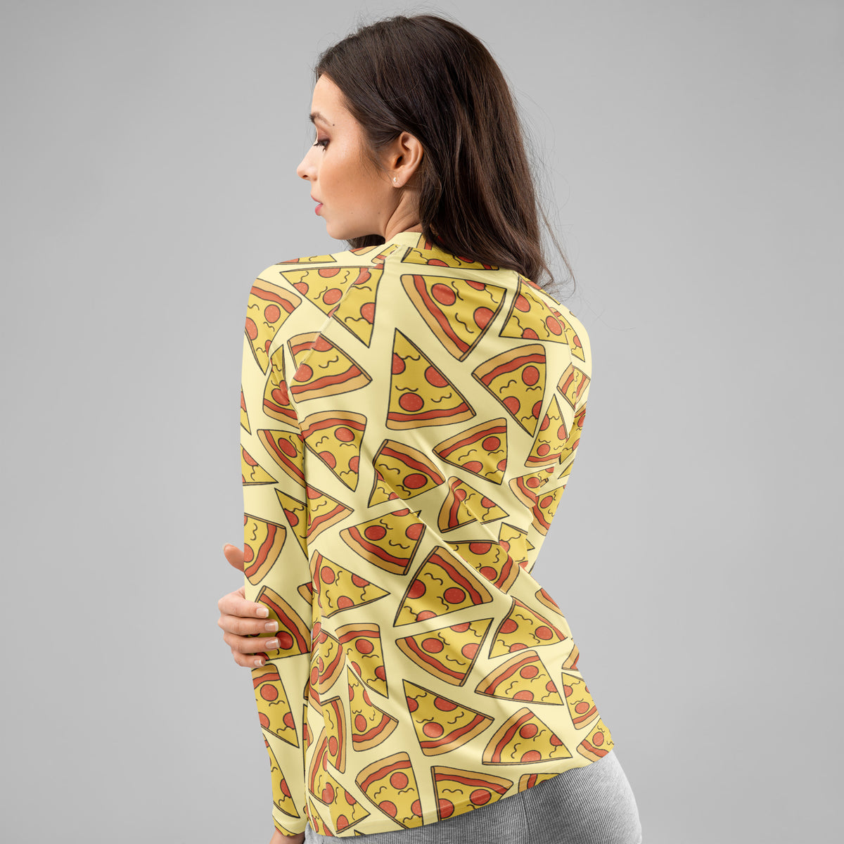 Women's Pepperoni Pizza Long Sleeve Rash Guard Swim Shirt – Buttery Soft, Sun Safe UPF 50+ Protection, Quick Dry & 4-Way Stretch Comfort