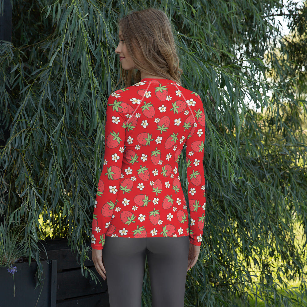 Women's Red Strawberry Long Sleeve Rash Guard Swim Shirt – Buttery Soft, Sun Safe UPF 50+ Protection, Quick Dry & 4-Way Stretch Comfort